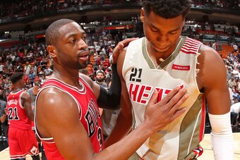 MIAMI, FL - NOVEMBER 10: Dwyane Wade #3 of the Chicago Bulls talks with Hassan Whiteside #21 of the Miami Heat after the game on November 10, 2016 at AmericanAirlines Arena in Miami, Florida. NOTE TO USER: User expressly acknowledges and agrees that, by d