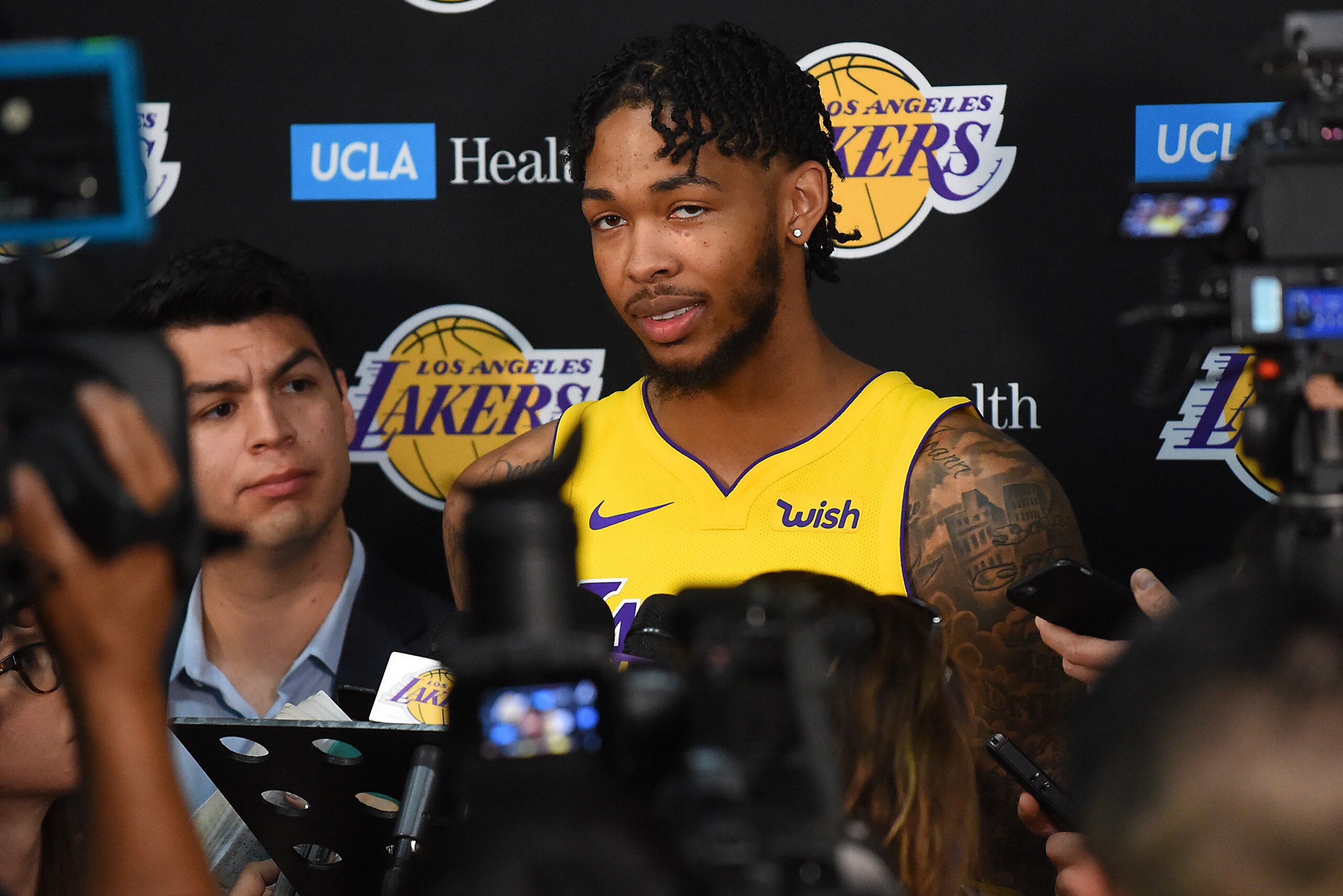Sep 25, 2017; Los Angeles, CA, USA; The Los Angeles Lakers forward Brandon Ingram (14) is interviewed during media day at the UCLA Health Training Center in El Segundo, CA.  Mandatory Credit: Jayne Kamin-Oncea-USA TODAY Sports