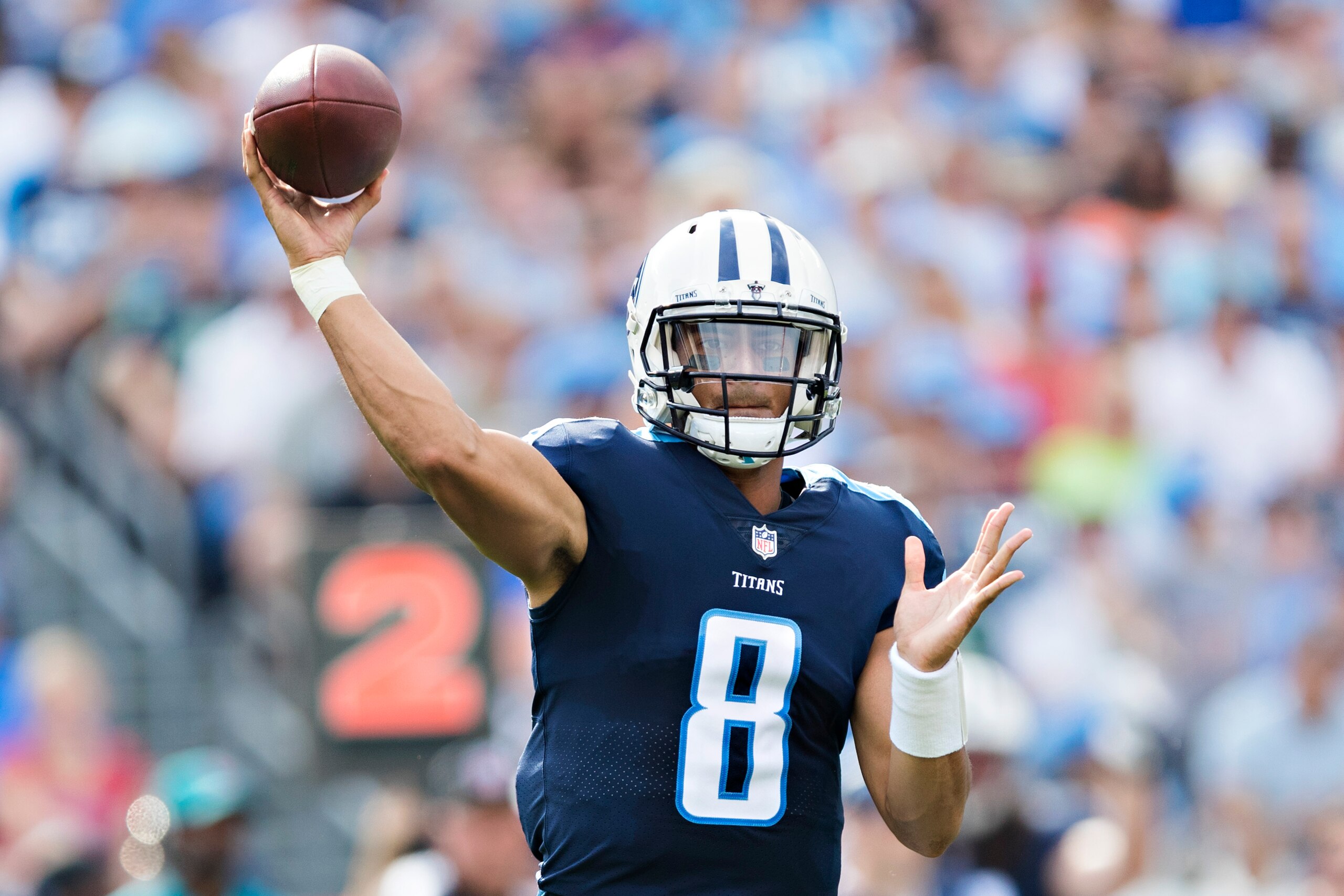 NASHVILLE, TN - SEPTEMBER 24:  Marcus Mariota #8 of the Tennessee Titans throws a pass during a game against the Seattle Seahawks at Nissan Stadium on September 24, 2017 in Nashville, Tennessee.  The Titans defeated the Seahawks 33-27.  (Photo by Wesley H