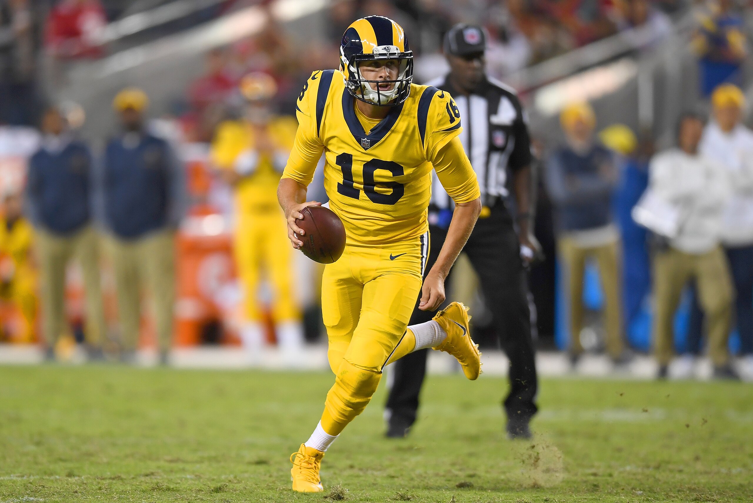 SANTA CLARA, CA - SEPTEMBER 21:  Jared Goff #16 of the Los Angeles Rams looks to throw a pass against the San Francisco 49ers during their NFL football game at Levi's Stadium on September 21, 2017 in Santa Clara, California.  (Photo by Thearon W. Henderso