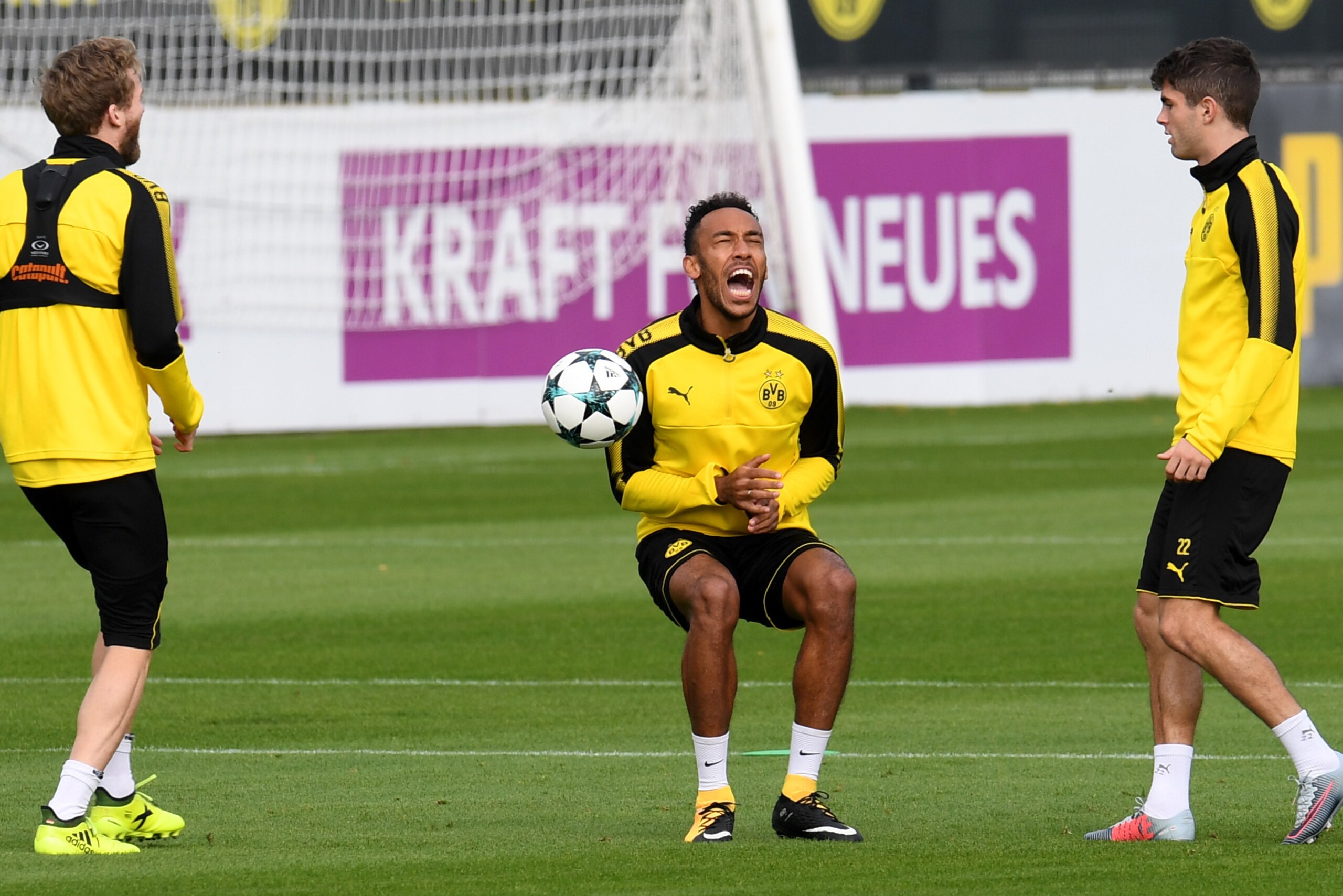 Dortmund's Gabonese striker Pierre-Emerick Aubameyang reacts during Borussia Dortmund's training session ahead of their UEFA Champions League Group H match against Real Madrid at the BVB training center on September 25, 2017 in Dortmund, Germany. / AFP PH