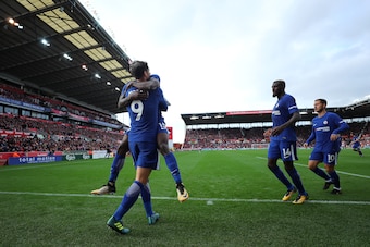 STOKE ON TRENT, ENGLAND - SEPTEMBER 23: Alvaro Morata of Chelsea celebrates scoring the third goal (his second) during the Premier League match between Stoke City and Chelsea at Bet365 Stadium on September 23, 2017 in Stoke on Trent, England. (Photo by Ri