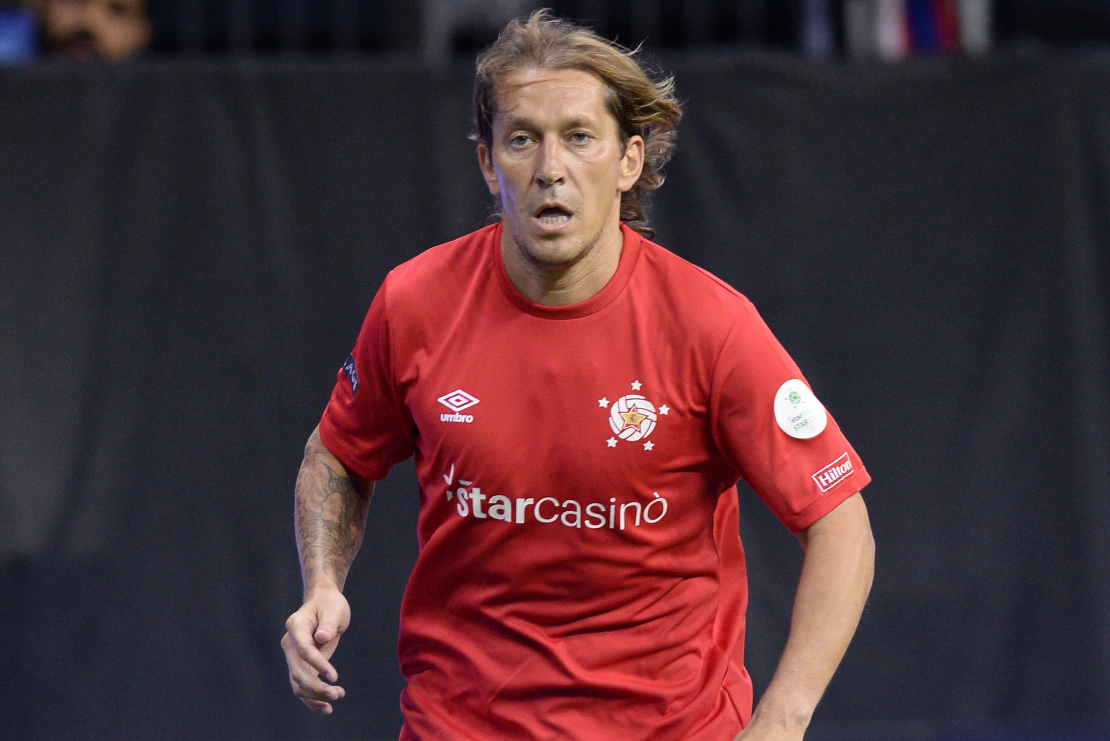 Spain's Michel Salgado looks to pass the ball during the Star Sixes semi-final football match between France and Spain at the O2 Arena in London on July 16, 2017, won by France, 5-2.
Star Sixes is the first-ever competitive tournament for world-renowned f