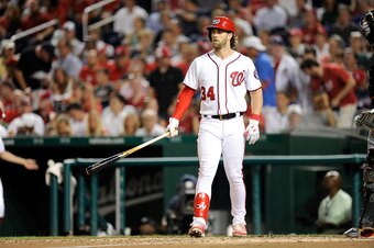 WASHINGTON, DC - AUGUST 10:  Bryce Harper #34 of the Washington Nationals bats against the Miami Marlins at Nationals Park on August 10, 2017 in Washington, DC.  (Photo by G Fiume/Getty Images)