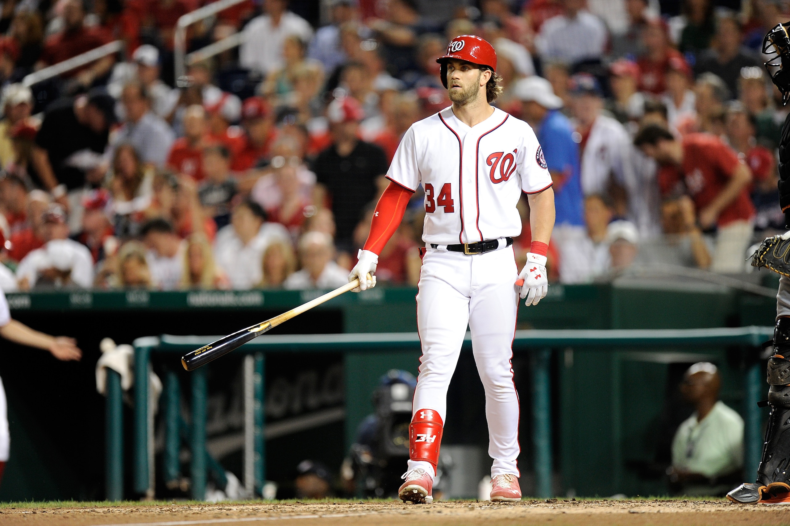 WASHINGTON, DC - AUGUST 10:  Bryce Harper #34 of the Washington Nationals bats against the Miami Marlins at Nationals Park on August 10, 2017 in Washington, DC.  (Photo by G Fiume/Getty Images)
