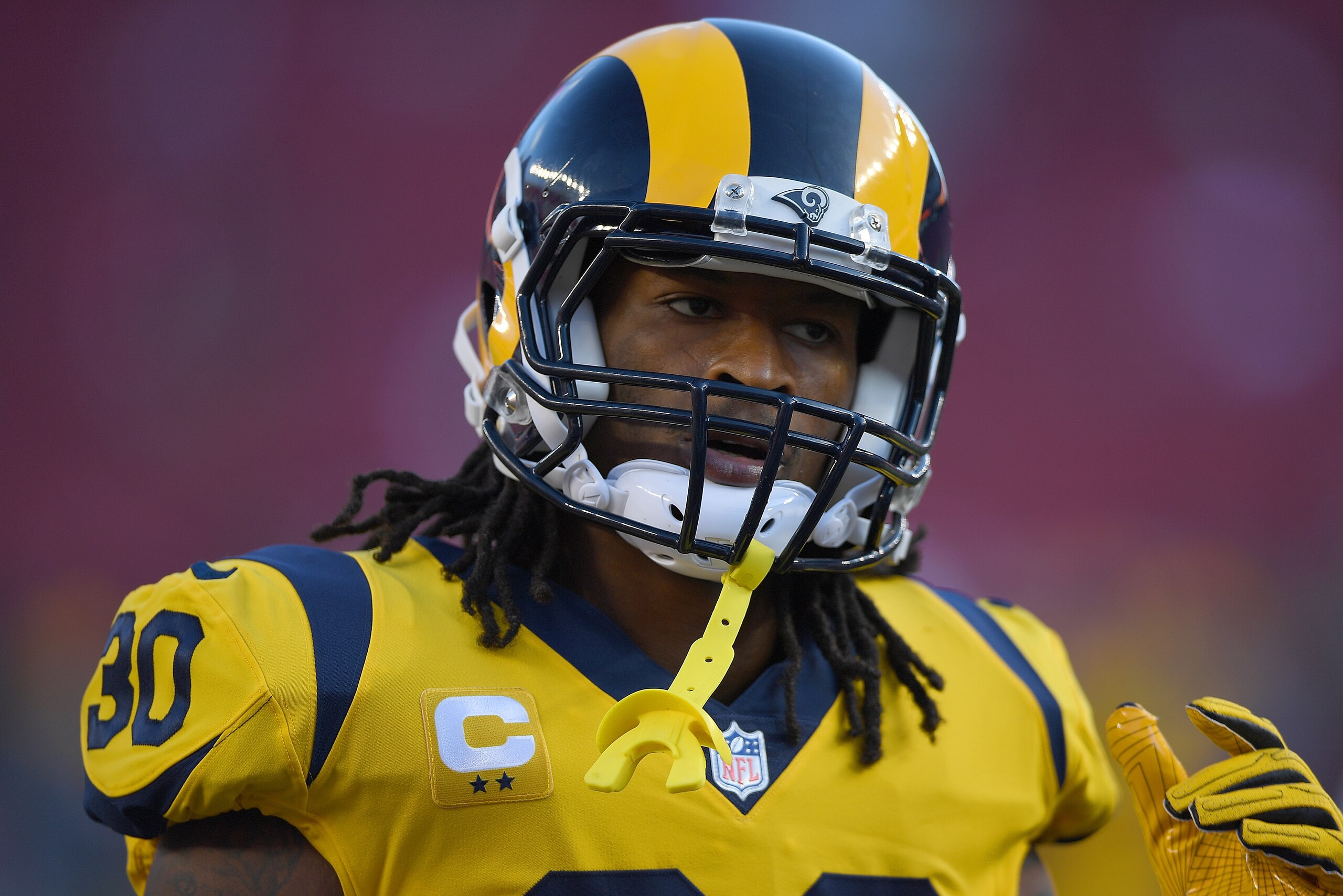 SANTA CLARA, CA - SEPTEMBER 21: Todd Gurley #30 of the Los Angeles Rams looks on during pregame warm ups prior to the start of an NFL football game against the San Francisco 49ers at Levi's Stadium on September 21, 2017 in Santa Clara, California. (Phot SANTA CLARA, CA - SEPTEMBER 21: Todd Gurley #30 of the Los Angeles Rams looks on during pregame warm ups prior to the start of an NFL football game against the San Francisco 49ers at Levi's Stadium on September 21, 2017 in Santa Clara, California. (Phot