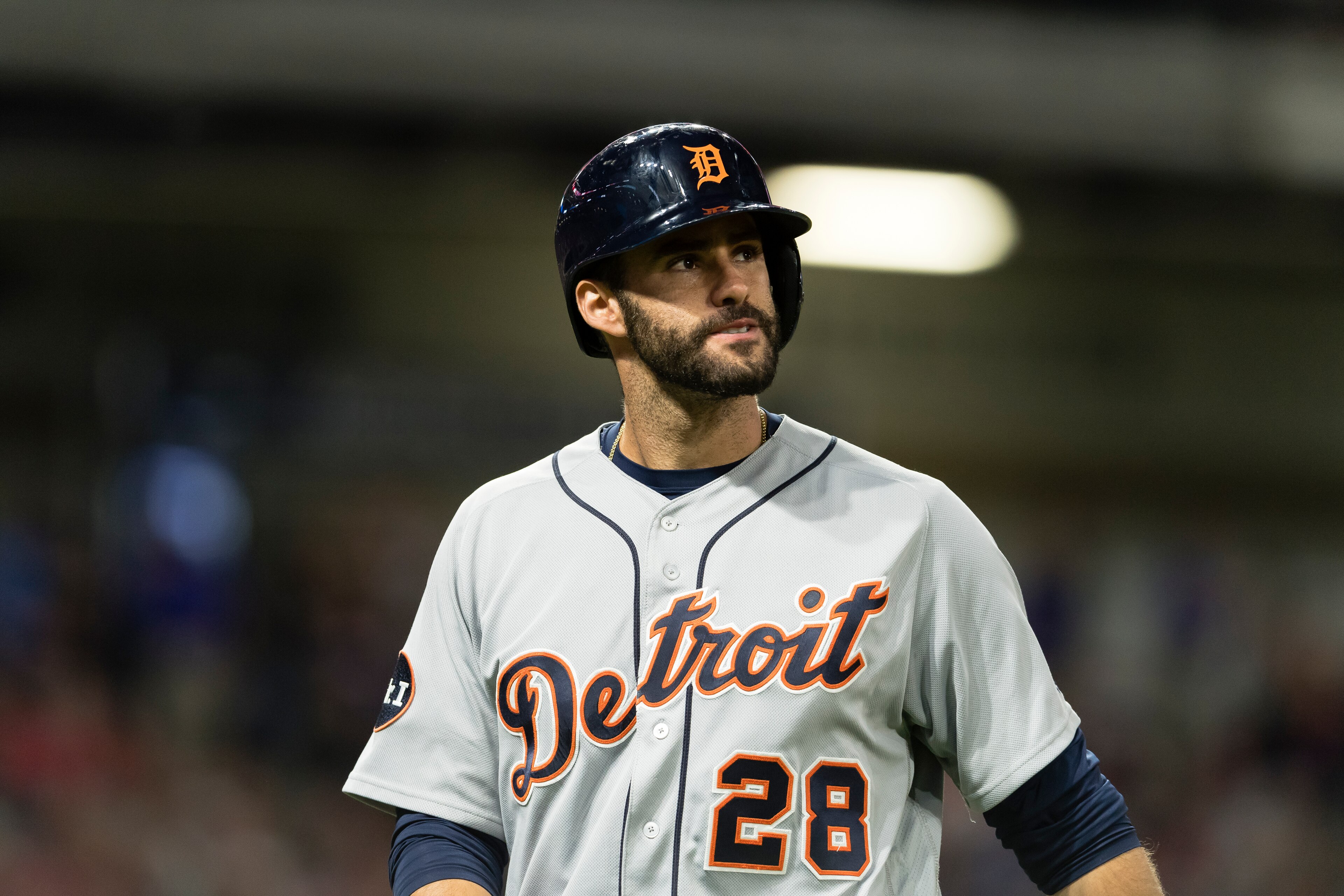 CLEVELAND, OH - JULY 7: J.D. Martinez #28 of the Detroit Tigers reacts after popping out to first to end the top of the ninth inning at Progressive Field on July 7, 2017 in Cleveland, Ohio. The Indians defeated the Tigers 11-2. (Photo by Jason Miller/Gett