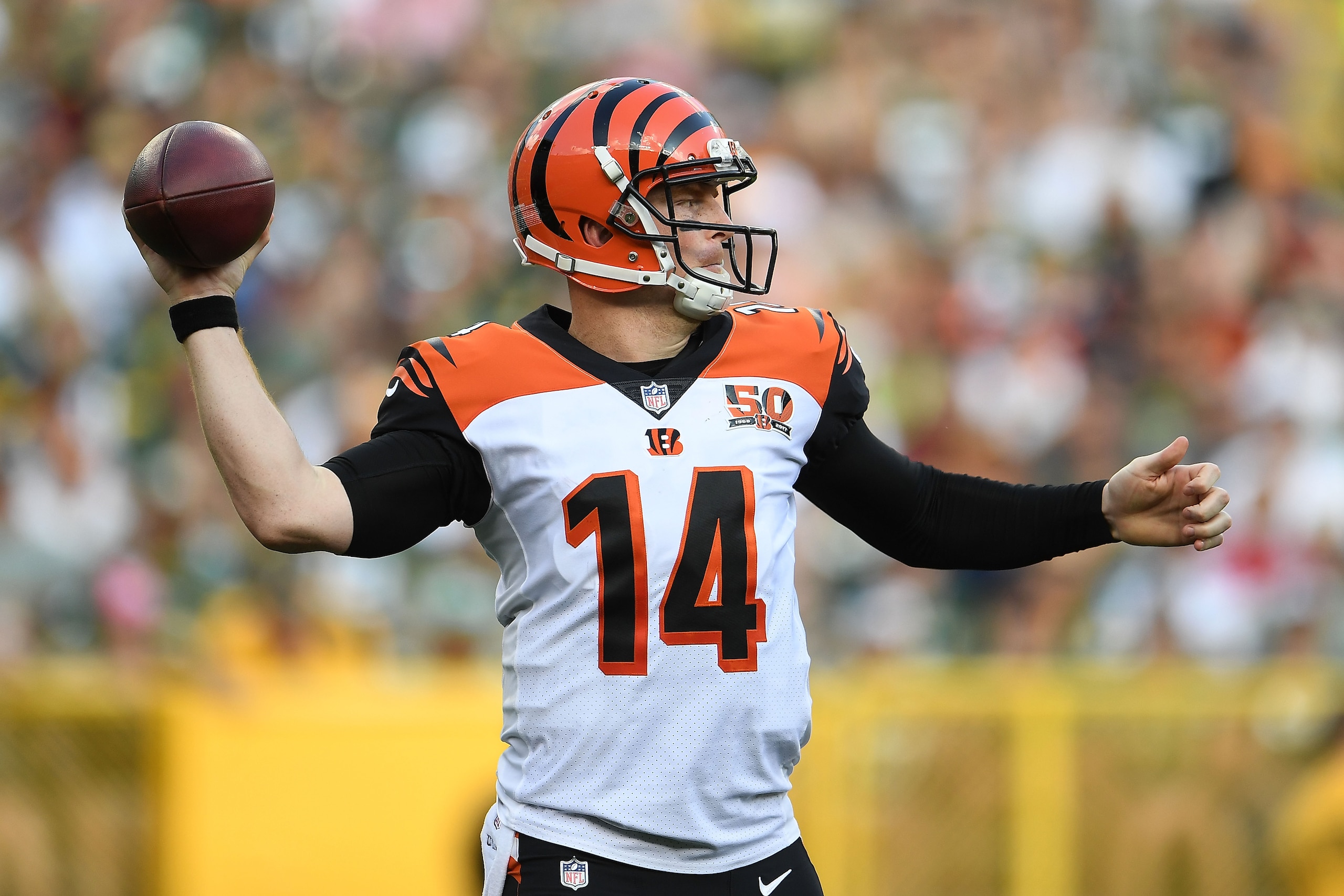 GREEN BAY, WI - SEPTEMBER 24:  Andy Dalton #14 of the Cincinnati Bengals drops back to pass during a game against the Green Bay Packers at Lambeau Field on September 24, 2017 in Green Bay, Wisconsin.  The Packers defeated the Bengals in overtime 27-24.  (
