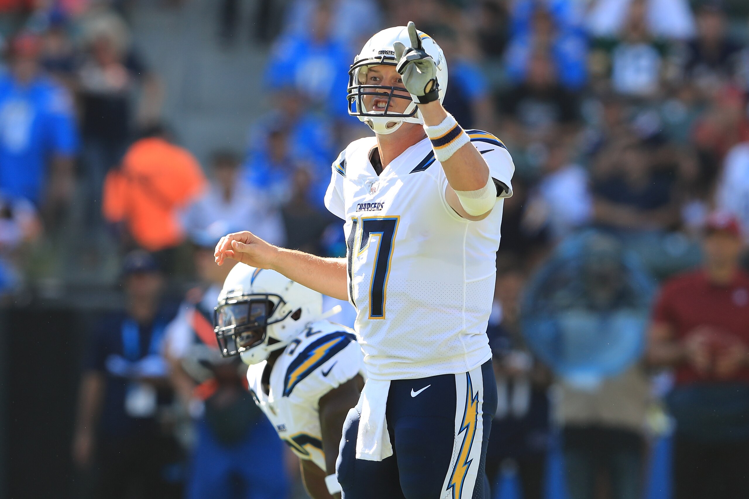 CARSON, CA - SEPTEMBER 24:  Philip Rivers #17 of the Los Angeles Chargers communicates to his teammates during the game against the Kansas City Chiefs at the StubHub Center on September 24, 2017 in Carson, California.  (Photo by Sean M. Haffey/Getty Image
