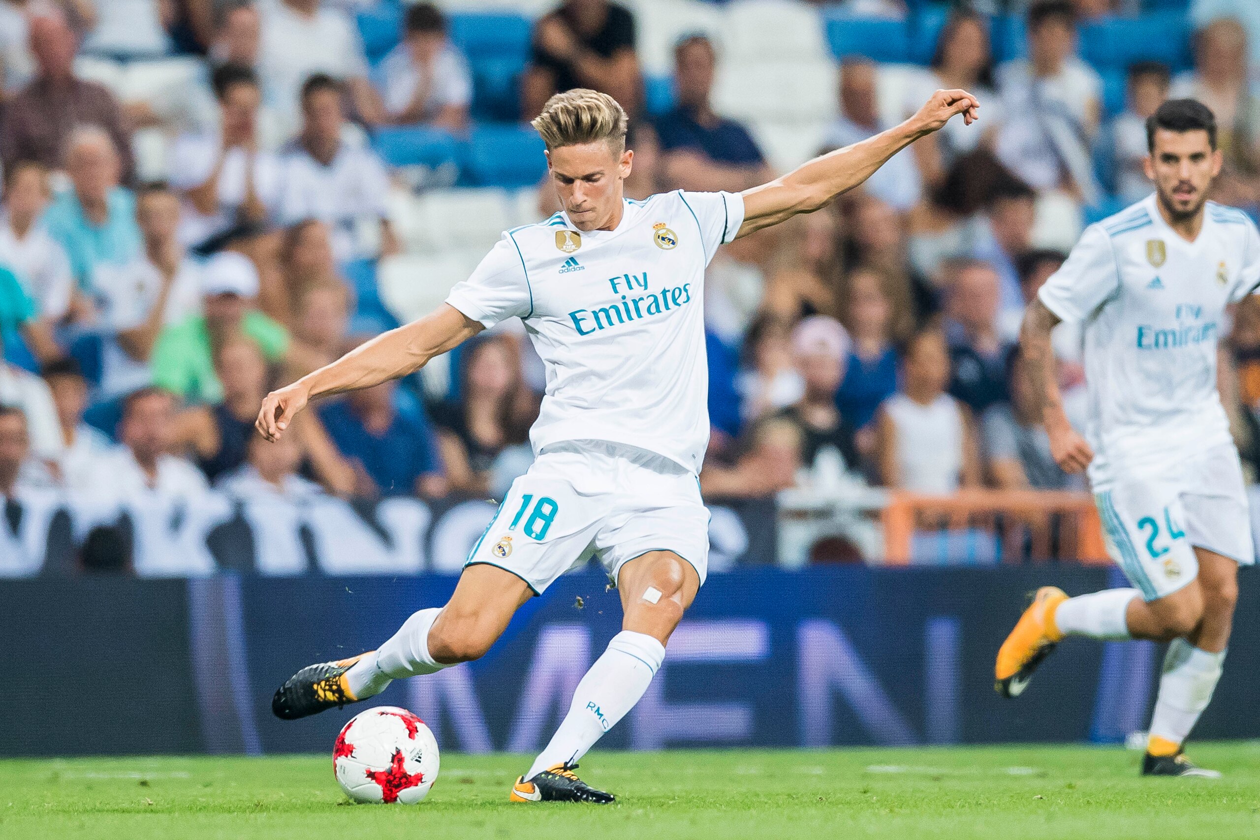MADRID, SPAIN - AUGUST 23: Marcos Llorente of Real Madrid in action during the Santiago Bernabeu Trophy 2017 match between Real Madrid and ACF Fiorentina at the Santiago Bernabeu Stadium on 23 August 2017 in Madrid, Spain. (Photo by Power Sport Images/Get