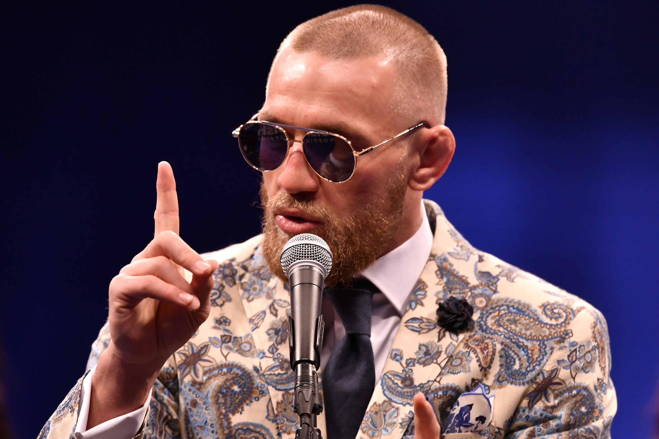 LAS VEGAS, NV - AUGUST 25:  Conor McGregor speaks to the media during a news conference after Mayweather's 10th-round TKO victory in their super welterweight boxing match on August 26, 2017 at T-Mobile Arena in Las Vegas, Nevada. (Photo by Jeff Bottari/Zu