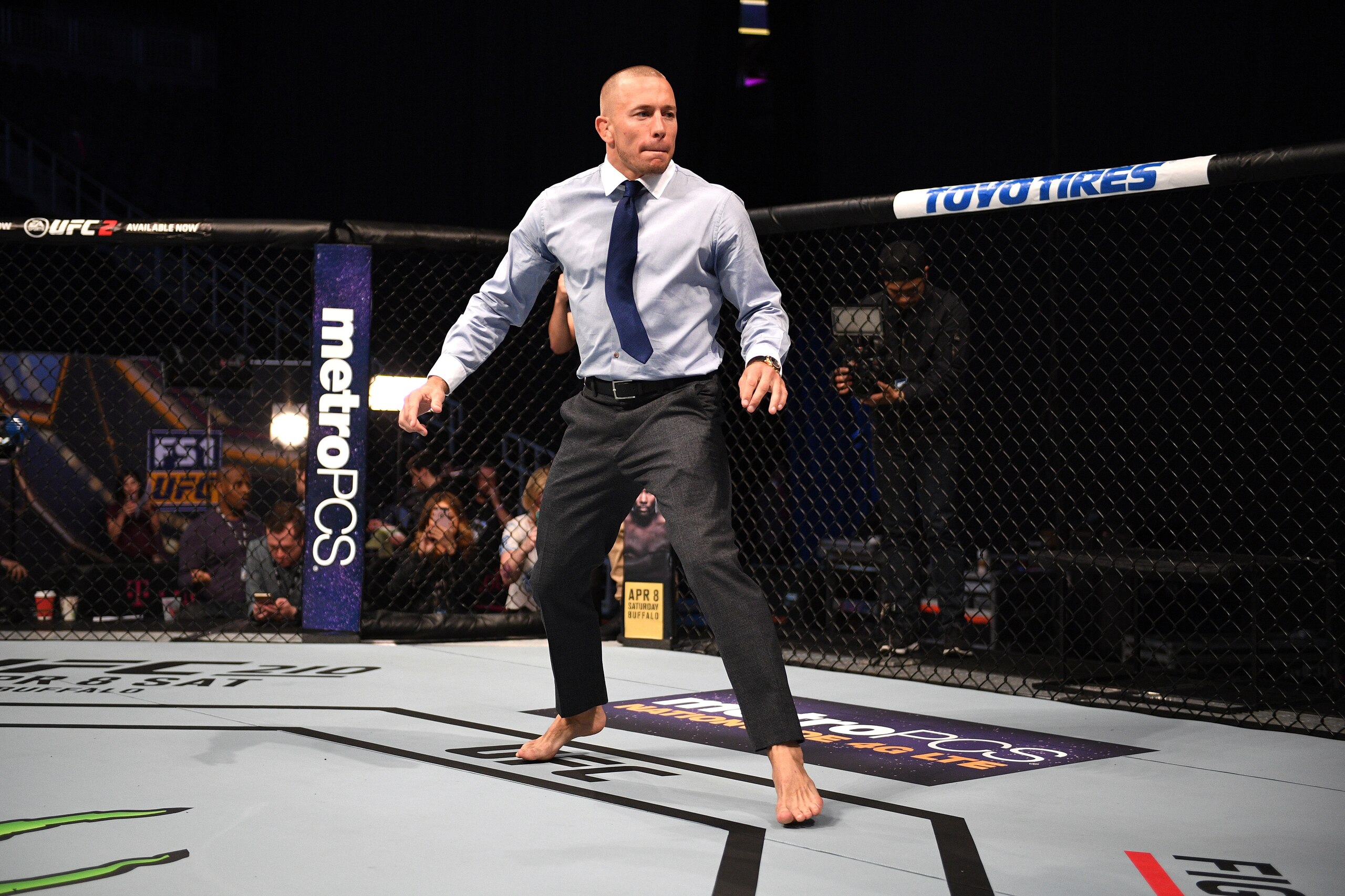 LAS VEGAS, NV - MARCH 03:  Georges St-Pierre of Canada warms up in the Octagon prior to the UFC press conference at T-Mobile arena on March 3, 2017 in Las Vegas, Nevada. (Photo by Jeff Bottari/Zuffa LLC/Zuffa LLC via Getty Images)