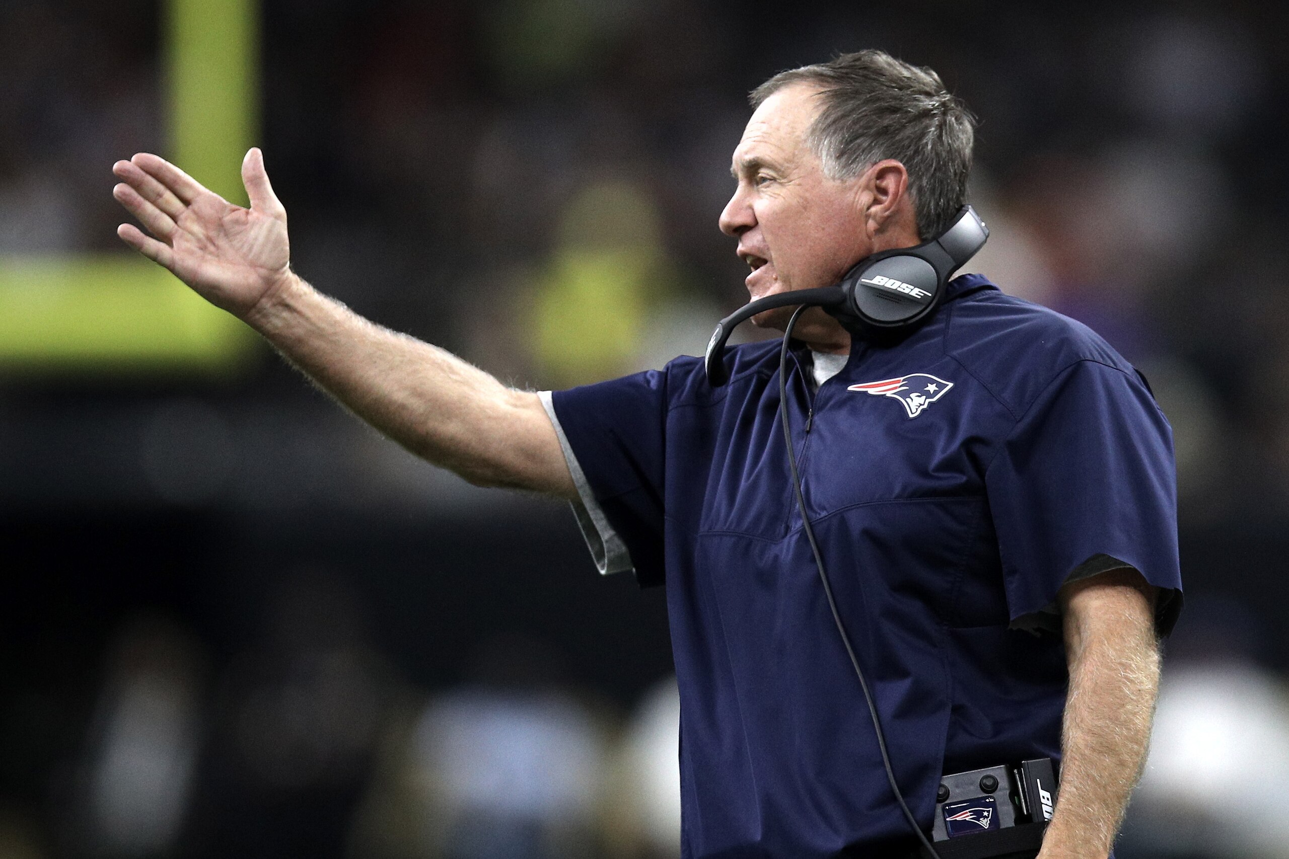 NEW ORLEANS, LA - SEPTEMBER 17:  Head coach Bill Belichick of the New England Patriots reacts during the game against the New Orleans Saints at the Mercedes-Benz Superdome on September 17, 2017 in New Orleans, Louisiana.  (Photo by Chris Graythen/Getty Im