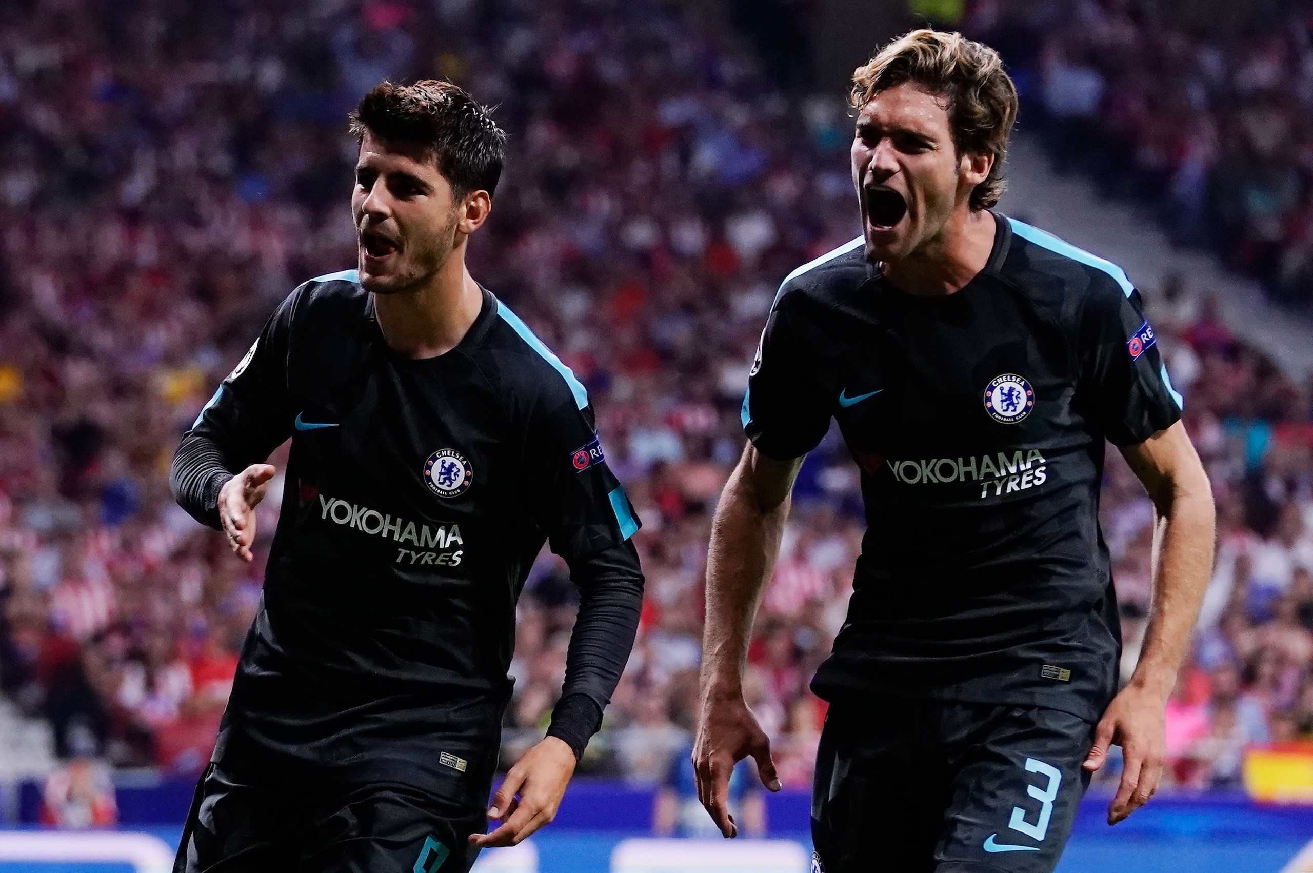 MADRID, SPAIN - SEPTEMBER 27: Alvaro Morata of Chelsea celebrates with Marcos Alonso of Chelsea after he scores his sides first goal during the UEFA Champions League group C match between Atletico Madrid and Chelsea FC at Estadio Wanda Metropolitano on S MADRID, SPAIN - SEPTEMBER 27: Alvaro Morata of Chelsea celebrates with Marcos Alonso of Chelsea after he scores his sides first goal during the UEFA Champions League group C match between Atletico Madrid and Chelsea FC at Estadio Wanda Metropolitano on S