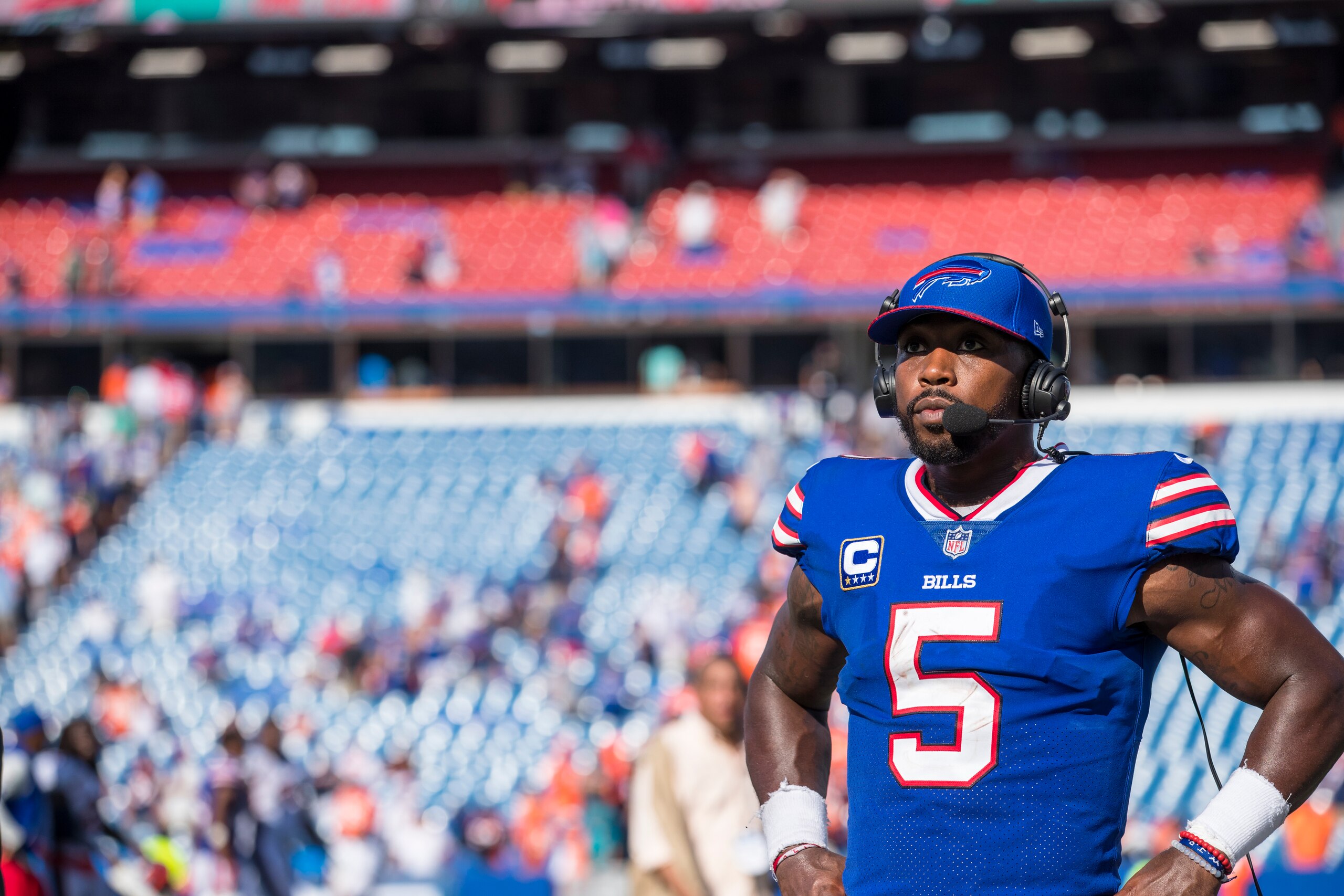 ORCHARD PARK, NY - SEPTEMBER 24:  Tyrod Taylor #5 of the Buffalo Bills participates in a post game television interview after the game against the Denver Broncos on September 24, 2017 at New Era Field in Orchard Park, New York. Buffalo defeats denver 26-1