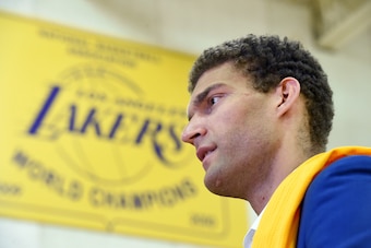 EL SEGUNDO, CA - JUNE 28:  Brook Lopez gets introduced by the Los Angeles Lakers at a press conference on June 28, 2017 in El Segundo, California. NOTE TO USER: User expressly acknowledges and agrees that, by downloading and/or using this photograph, user