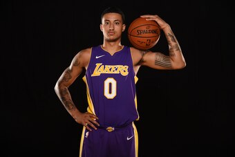 TARRYTOWN, NY - AUGUST 11:  Kyle Kuzma #0 of the Los Angeles Lakers poses for a photo during the 2017 NBA Rookie Photo Shoot at MSG training center on August 11, 2017 in Tarrytown, New York.  NOTE TO USER: User expressly acknowledges and agrees that, by d