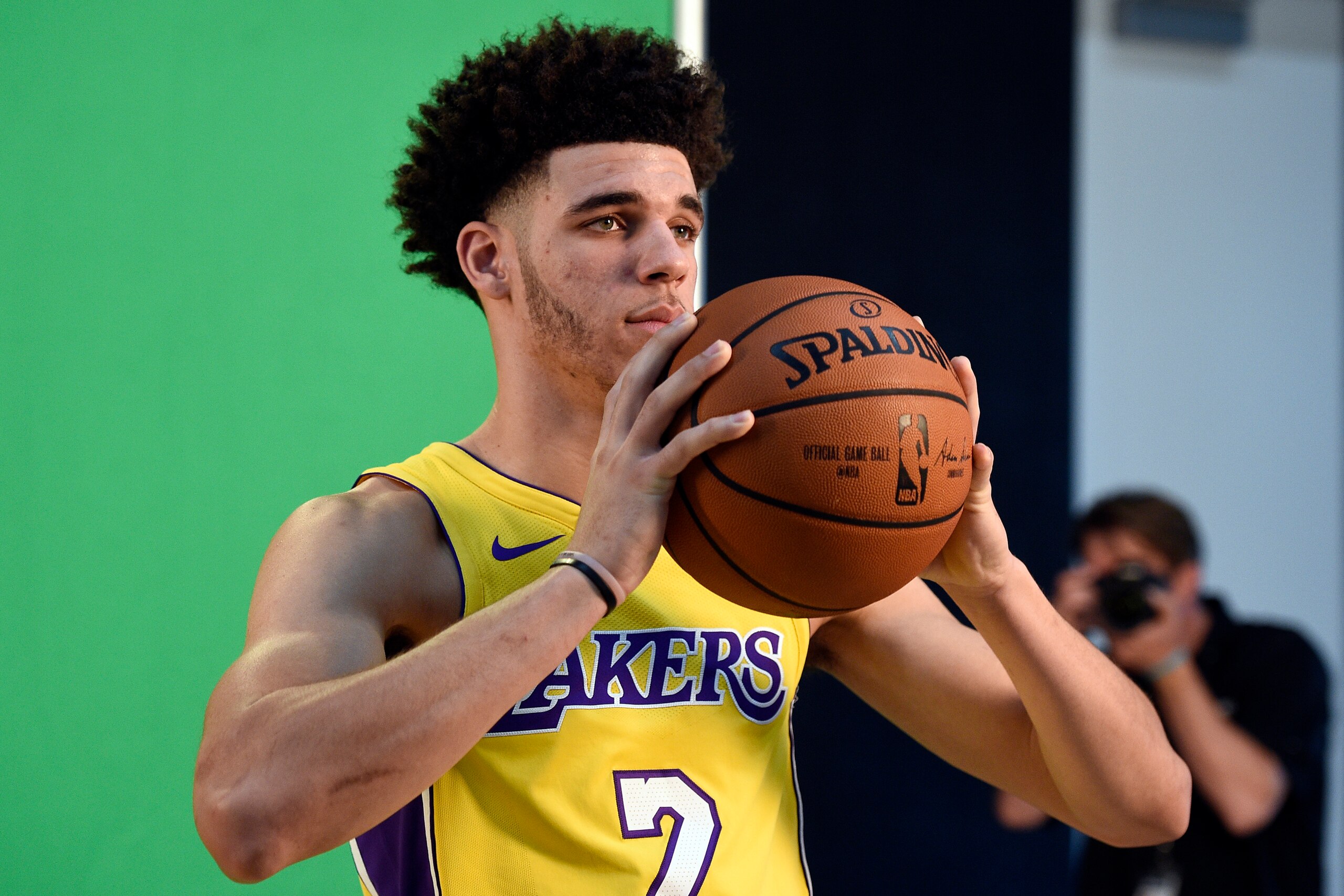 EL SEGUNDO, CA - SEPTEMBER 25: Lonzo Ball #2 of the Los Angeles Lakers poses during media day September 25, 2017, in El Segundo, California. NOTE TO USER: User expressly acknowledges and agrees that, by downloading and/or using this photograph, user is co
