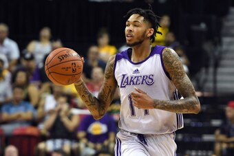 LAS VEGAS, NV - JULY 07:  Brandon Ingram #14 of the Los Angeles Lakers brings the ball up the court against the Los Angeles Clippers during the 2017 Summer League at the Thomas & Mack Center on July 7, 2017 in Las Vegas, Nevada. The Clippers won 96-93 in 