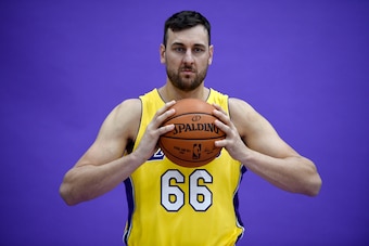 EL SEGUNDO, CA - SEPTEMBER 25: Andrew Bogut #66 of the Los Angeles Lakers poses during media day September 25, 2017, in El Segundo, California. NOTE TO USER: User expressly acknowledges and agrees that, by downloading and/or using this photograph, user is