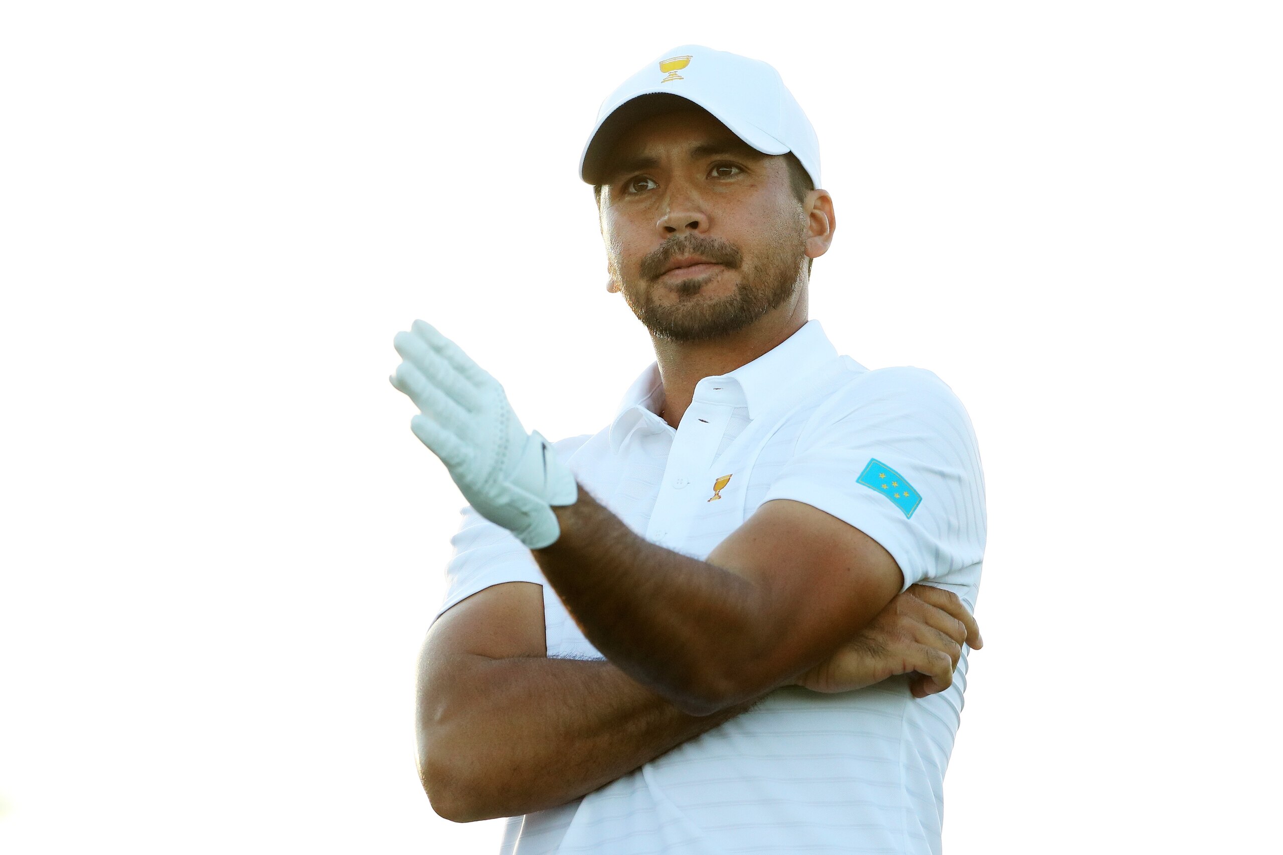 JERSEY CITY, NJ - SEPTEMBER 28:  Jason Day of Australia and the International Team recats on the 18th hole during Thursday foursome matches of the Presidents Cup at Liberty National Golf Club on September 28, 2017 in Jersey City, New Jersey.  (Photo by El