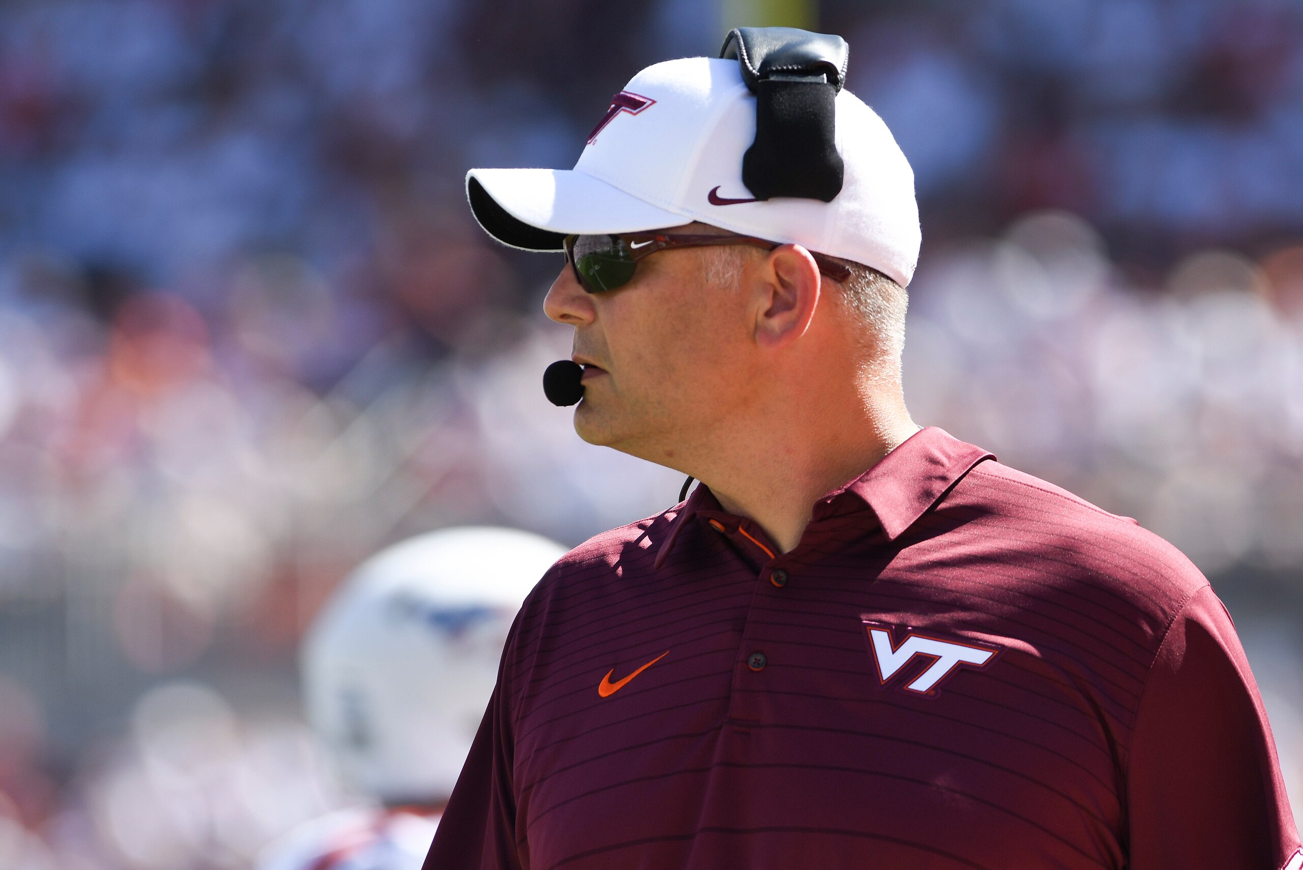 BLACKSBURG, VA - SEPTEMBER 23: Head coach of the Virginia Tech Hokies Justin Fuente looks on in the first half against the Old Dominion University Monarchs at Lane Stadium on September 23, 2017 in Blacksburg, Virginia. (Photo by Michael Shroyer/Getty Imag
