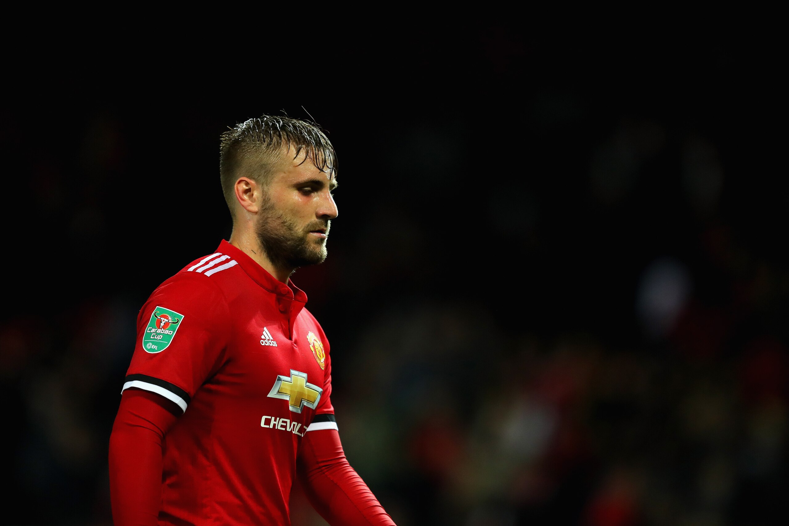 MANCHESTER, ENGLAND - SEPTEMBER 20:  Luke Shaw of Manchester United looks on during the Carabao Cup Third Round match between Manchester United and Burton Albion at Old Trafford on September 20, 2017 in Manchester, England.  (Photo by Richard Heathcote/Ge