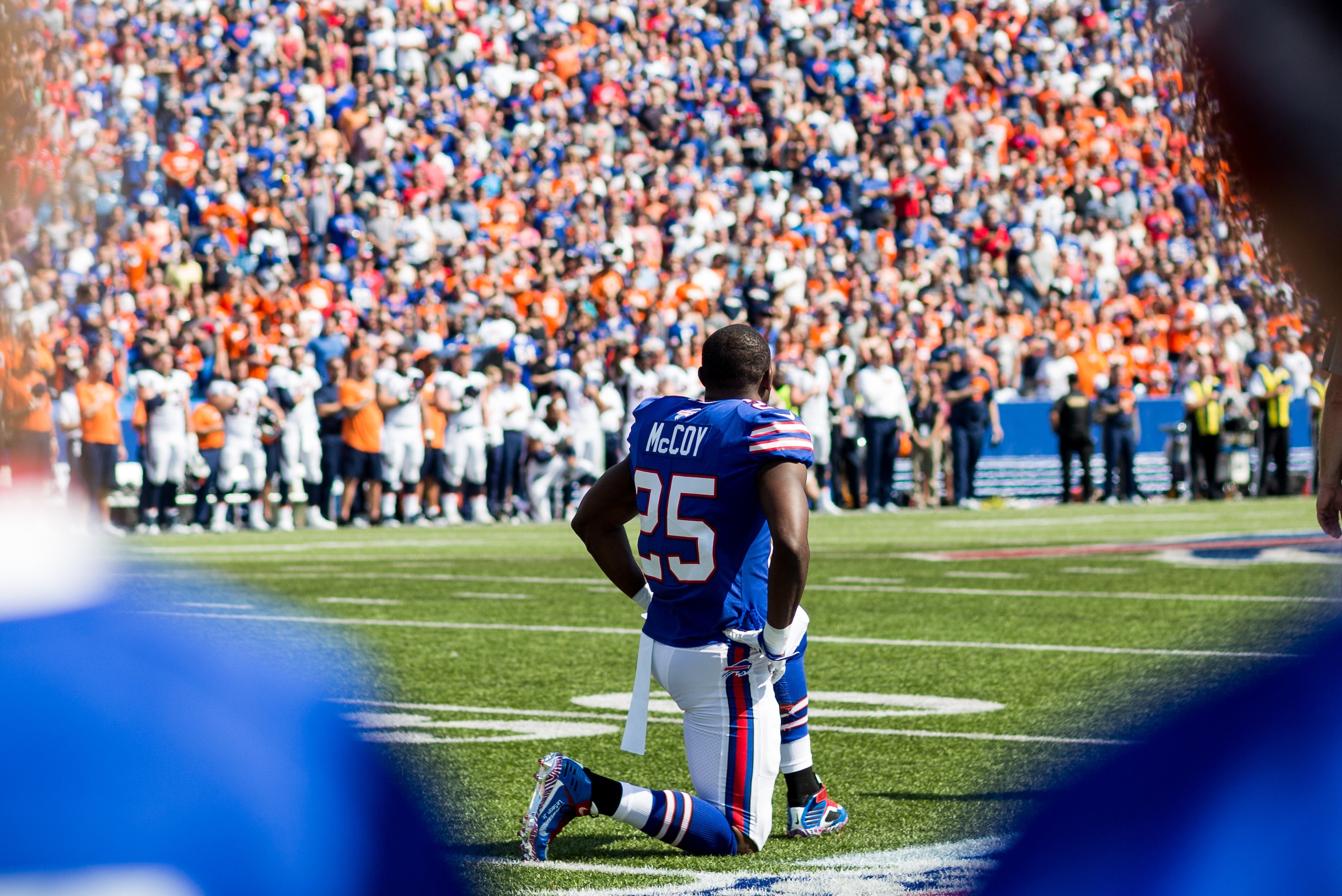 ORCHARD PARK, NY - SEPTEMBER 24: LeSean McCoy #25 of the Buffalo Bills takes a knee during the national anthem before an NFL game against the Denver Broncos on September 24, 2017 at New Era Field in Orchard Park, New York. (Photo by Bryan Bennett/Getty ORCHARD PARK, NY - SEPTEMBER 24: LeSean McCoy #25 of the Buffalo Bills takes a knee during the national anthem before an NFL game against the Denver Broncos on September 24, 2017 at New Era Field in Orchard Park, New York. (Photo by Bryan Bennett/Getty