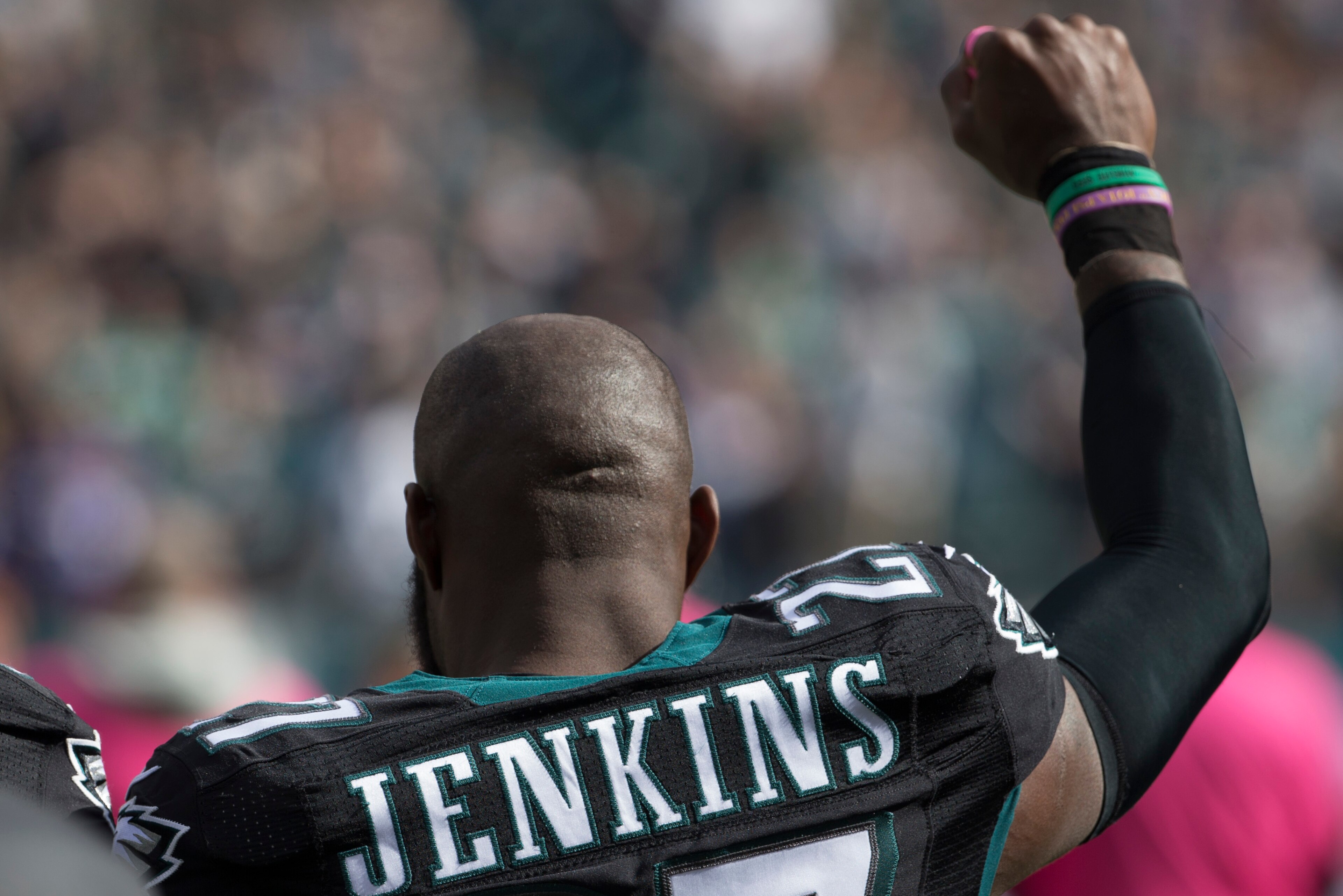PHILADELPHIA, PA - OCTOBER 23: Malcolm Jenkins #27 of the Philadelphia Eagles holds up his fist during the national anthem prior to the game against the Minnesota Vikings at Lincoln Financial Field on October 23, 2016 in Philadelphia, Pennsylvania. The Ea PHILADELPHIA, PA - OCTOBER 23: Malcolm Jenkins #27 of the Philadelphia Eagles holds up his fist during the national anthem prior to the game against the Minnesota Vikings at Lincoln Financial Field on October 23, 2016 in Philadelphia, Pennsylvania. The Ea