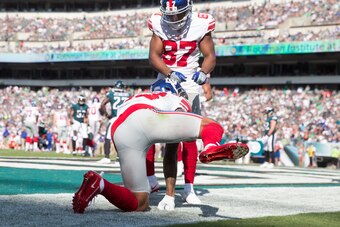 PHILADELPHIA, PA - SEPTEMBER 24: Odell Beckham #13 of the New York Giants celebrates with Sterling Shepard #87 after scoring a touchdown in the fourth quarter against the Philadelphia Eagles at Lincoln Financial Field on September 24, 2017 in Philadelphia