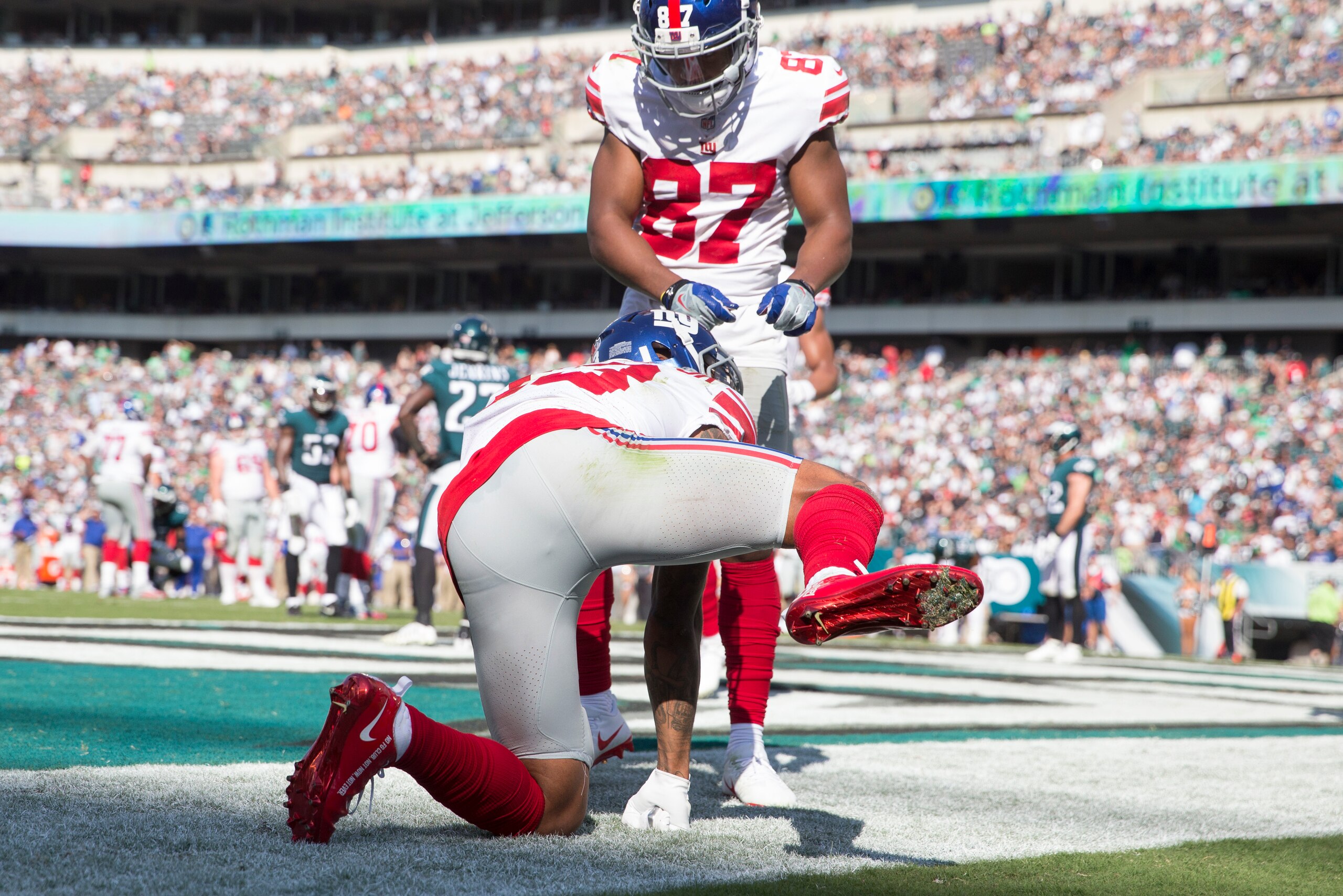 PHILADELPHIA, PA - SEPTEMBER 24: Odell Beckham #13 of the New York Giants celebrates with Sterling Shepard #87 after scoring a touchdown in the fourth quarter against the Philadelphia Eagles at Lincoln Financial Field on September 24, 2017 in Philadelphia PHILADELPHIA, PA - SEPTEMBER 24: Odell Beckham #13 of the New York Giants celebrates with Sterling Shepard #87 after scoring a touchdown in the fourth quarter against the Philadelphia Eagles at Lincoln Financial Field on September 24, 2017 in Philadelphia