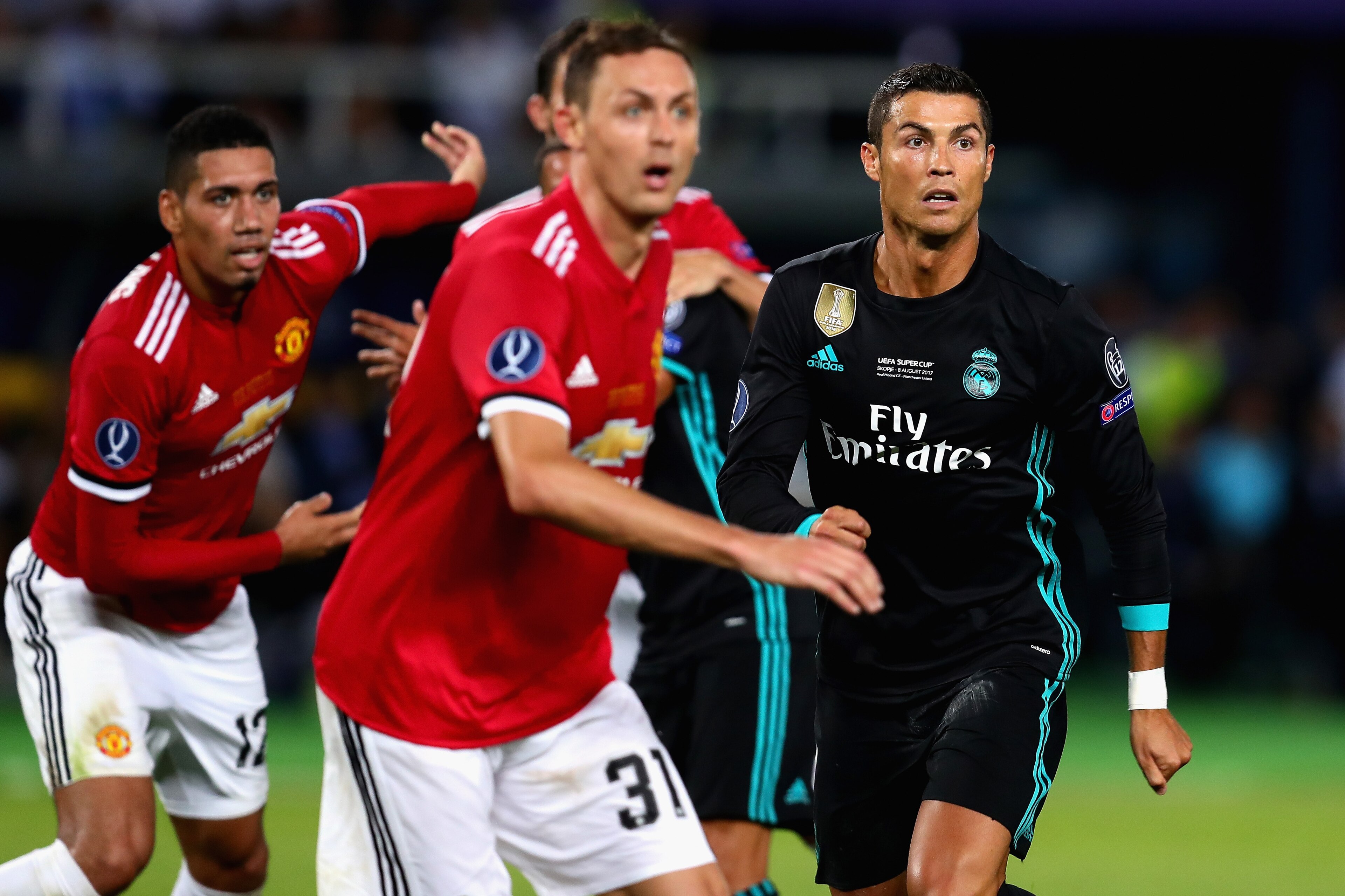 SKOPJE, MACEDONIA - AUGUST 08: Cristiano Ronaldo of Real Madrid in action during the UEFA Super Cup match between Real Madrid and Manchester United at National Arena Filip II Macedonian on August 8, 2017 in Skopje, Macedonia.  (Photo by Chris Brunskill Lt