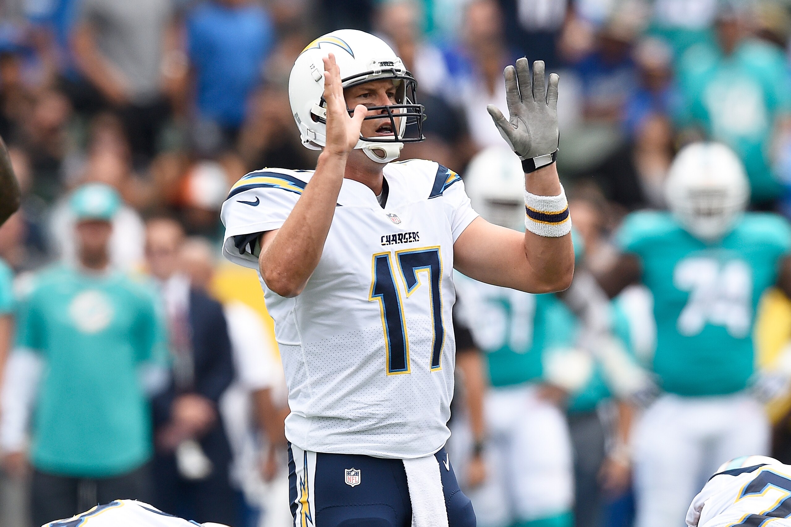 CARSON, CA - SEPTEMBER 17:  Philip Rivers #17 of the Los Angeles Chargers communcates to his teammates during the game against the Miami Dolphins at the StubHub Center on September 17, 2017 in Carson, California.  (Photo by Kevork Djansezian/Getty Images)