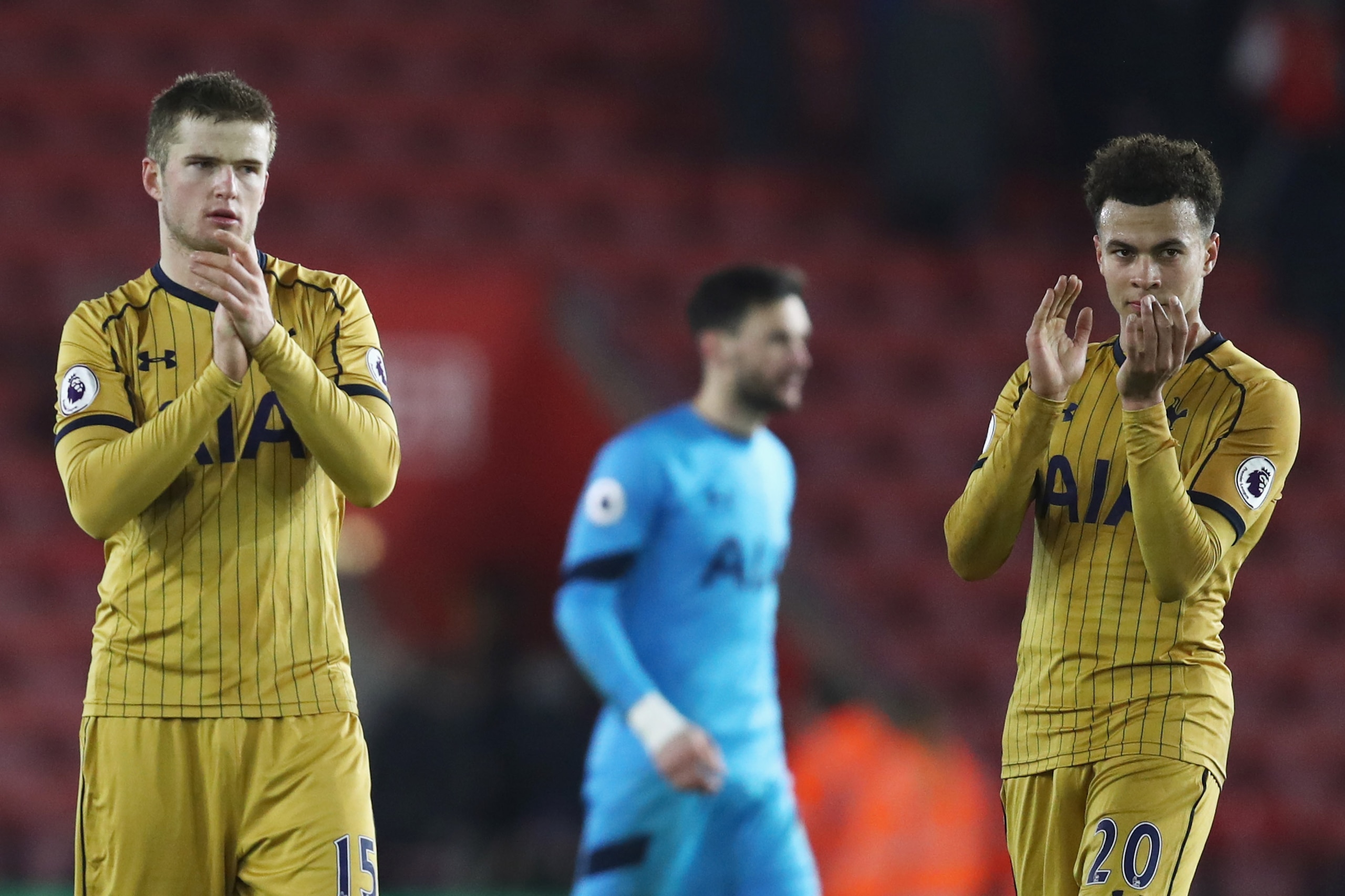 SOUTHAMPTON, ENGLAND - DECEMBER 28:  Dele Alli (20) and Eric Dier of Tottenham Hotspur celebrate victory after the Premier League match between Southampton and Tottenham Hotspur at St Mary's Stadium on December 28, 2016 in Southampton, England.  (Photo by