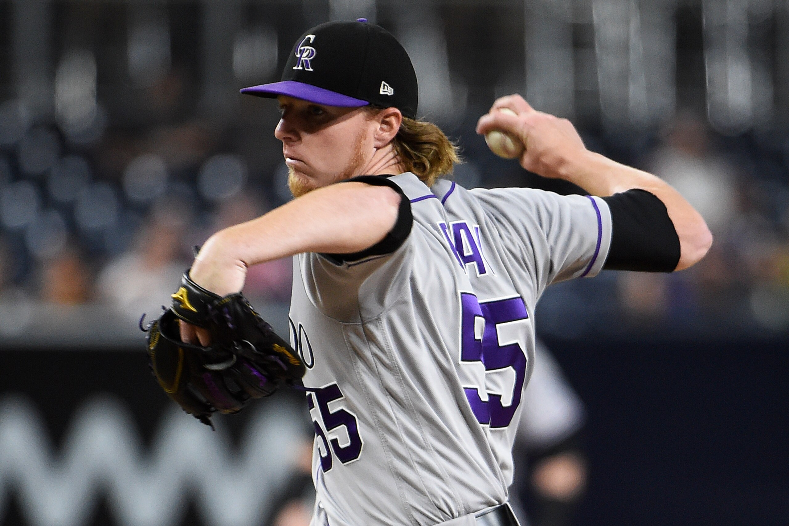SAN DIEGO, CA - SEPTEMBER 22: Jon Gray #55 of the Colorado Rockies pitches during the first inning of a baseball game against the San Diego Padres at PETCO Park on September 22, 2017 in San Diego, California. (Photo by Denis Poroy/Getty Images)