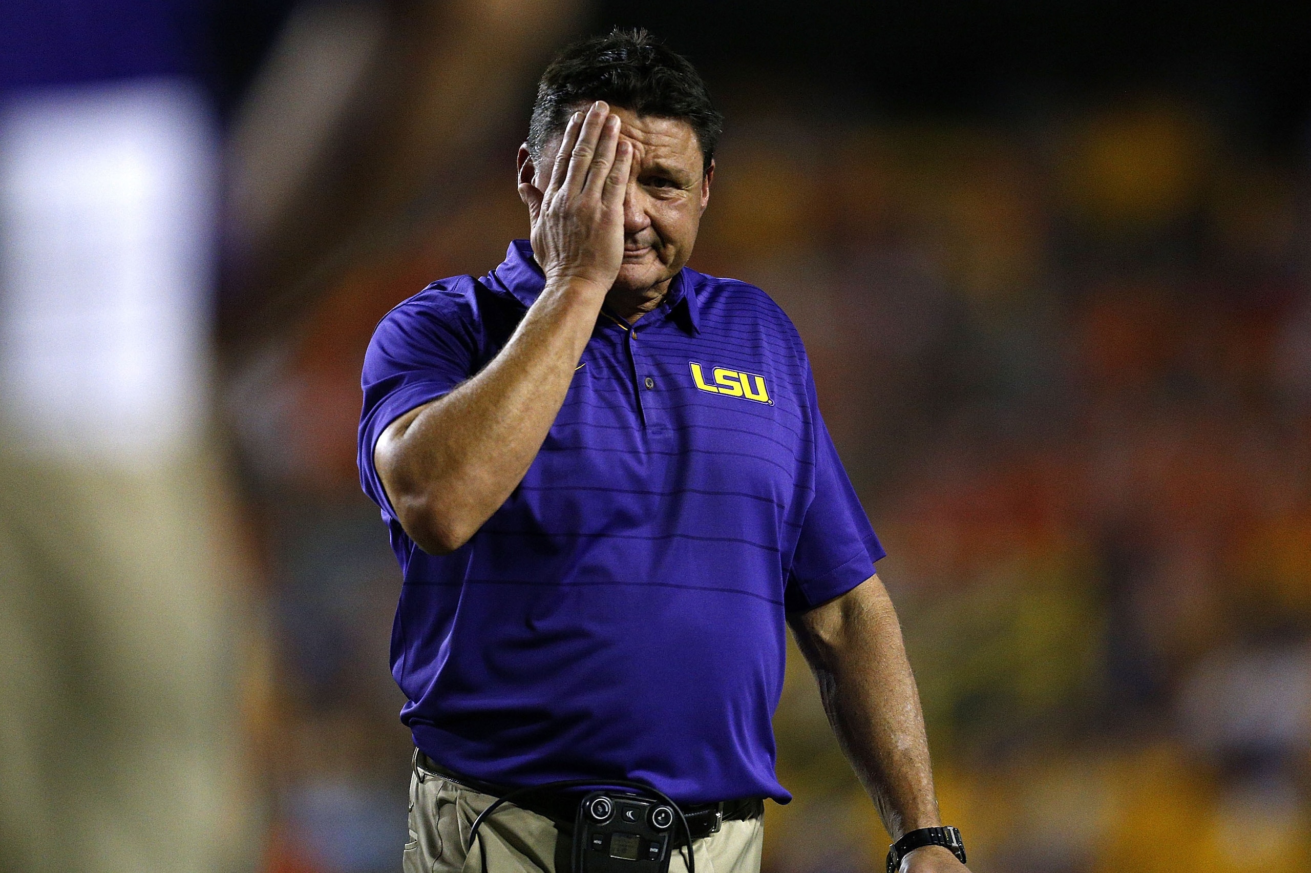 BATON ROUGE, LA - SEPTEMBER 23:  Head coach Ed Orgeron of the LSU Tigers  reacts during a game against the Syracuse Orange at Tiger Stadium on September 23, 2017 in Baton Rouge, Louisiana.  (Photo by Jonathan Bachman/Getty Images)