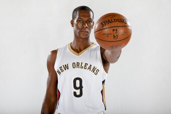 METAIRIE, LA - JULY 19:  Rajon Rondo #9 of the New Orleans Pelicans poses for portraits on July 19, 2017 at the New Orleans Pelicans Practice Facility in Metairie, Louisiana. NOTE TO USER: User expressly acknowledges and agrees that, by downloading and or