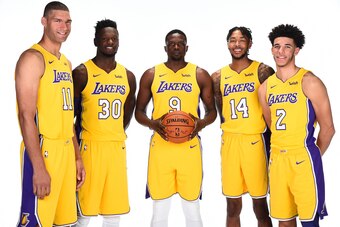 EL SEGUNDO, CA - SEPTEMBER 25:  Brook Lopez #11, Julius Randle #30, Luol Deng #9, Lonzo Ball #2 and Brandon Ingram #14 of the Los Angeles Lakers pose for a portrait during media day at UCLA Health Training Center on September 25, 2017 in El Segundo, Calif