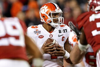 TAMPA, FL - JANUARY 09: Quarterback Deshaun Watson #4 of the Clemson Tigers on a passing play during the 2017 College Football Playoff National Championship Game against the Alabama Crimson Tide at Raymond James Stadium on January 9, 2017 in Tampa, Florid
