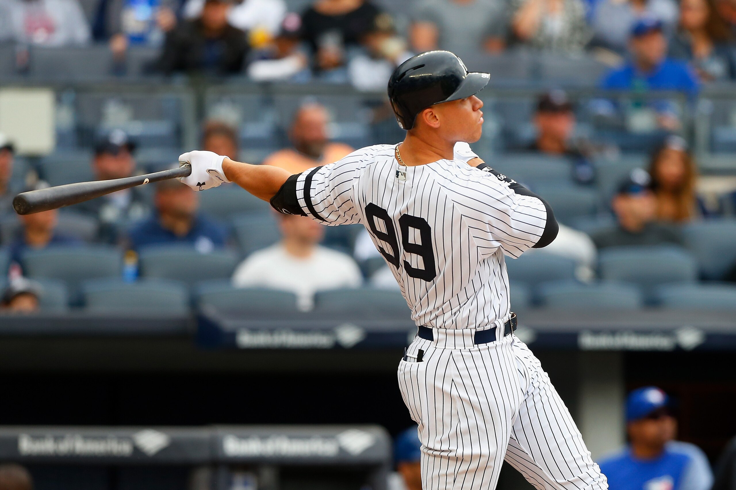 NEW YORK, NY - SEPTEMBER 30:  Aaron Judge #99 of the New York Yankees follow through on a fourth inning home run against the Toronto Blue Jays at Yankee Stadium on September 30, 2017 in the Bronx borough of New York City.  (Photo by Jim McIsaac/Getty Imag