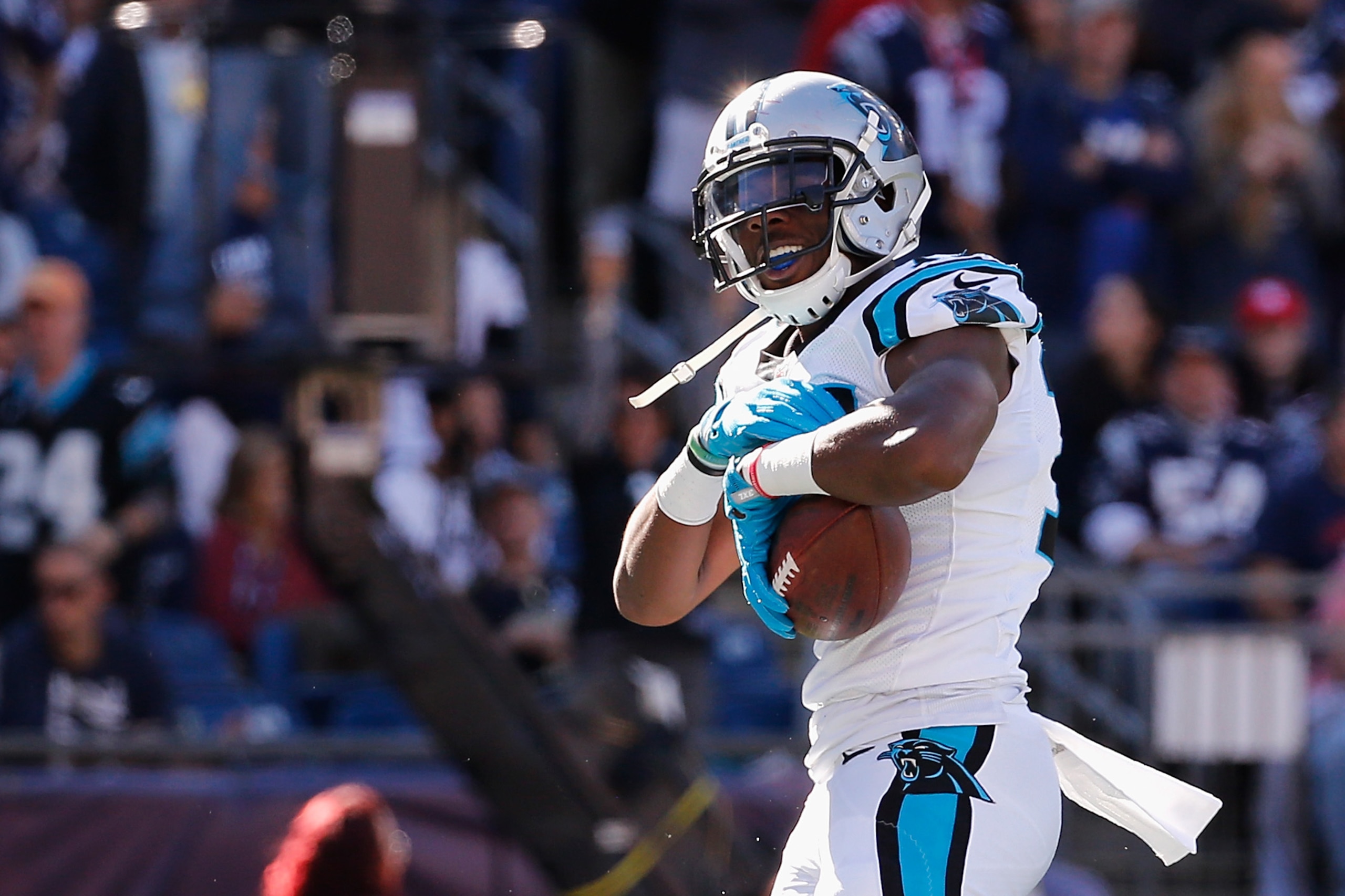 FOXBORO, MA - OCTOBER 01:  Devin Funchess #17 of the Carolina Panthers celebrates scoring a touchdown during the third quarter against the New England Patriots at Gillette Stadium on October 1, 2017 in Foxboro, Massachusetts.  (Photo by Jim Rogash/Getty I