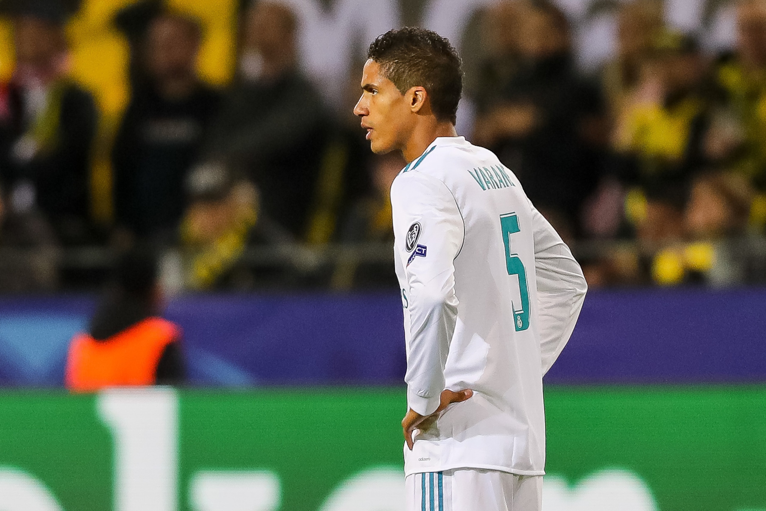 DORTMUND, GERMANY - SEPTEMBER 26: Raphael Varane of Real Madrid looks on during the UEFA Champions League group H match between Borussia Dortmund and Real Madrid at Signal Iduna Park on September 26, 2017 in Dortmund, Germany. (Photo by TF-Images/TF-Image