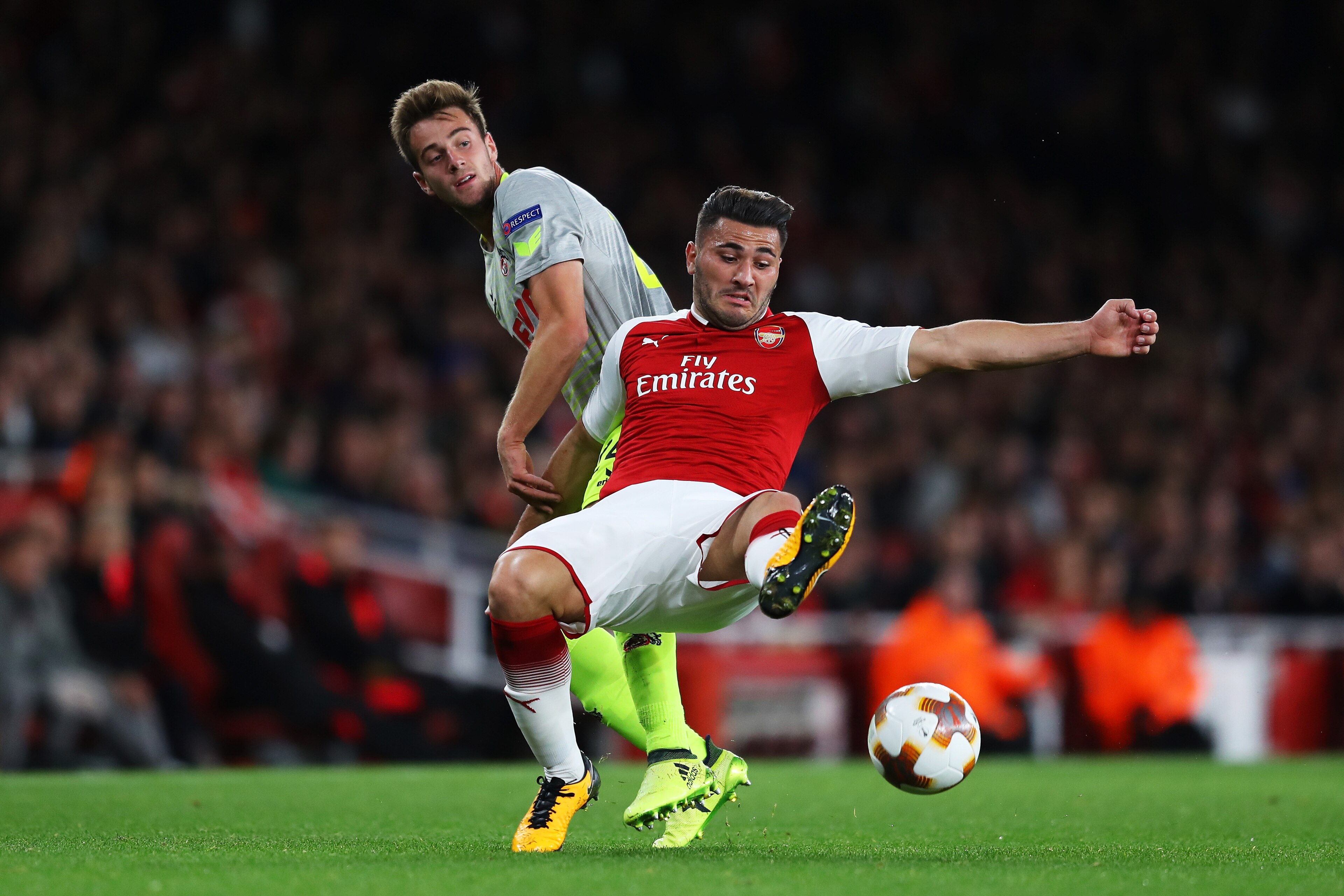 LONDON, ENGLAND - SEPTEMBER 14:  Sead Kolasinac of Arsenal and Frederik Sorensen of FC Koeln during the UEFA Europa League group H match between Arsenal FC and 1. FC Koeln at Emirates Stadium on September 14, 2017 in London, United Kingdom.  (Photo by Ric