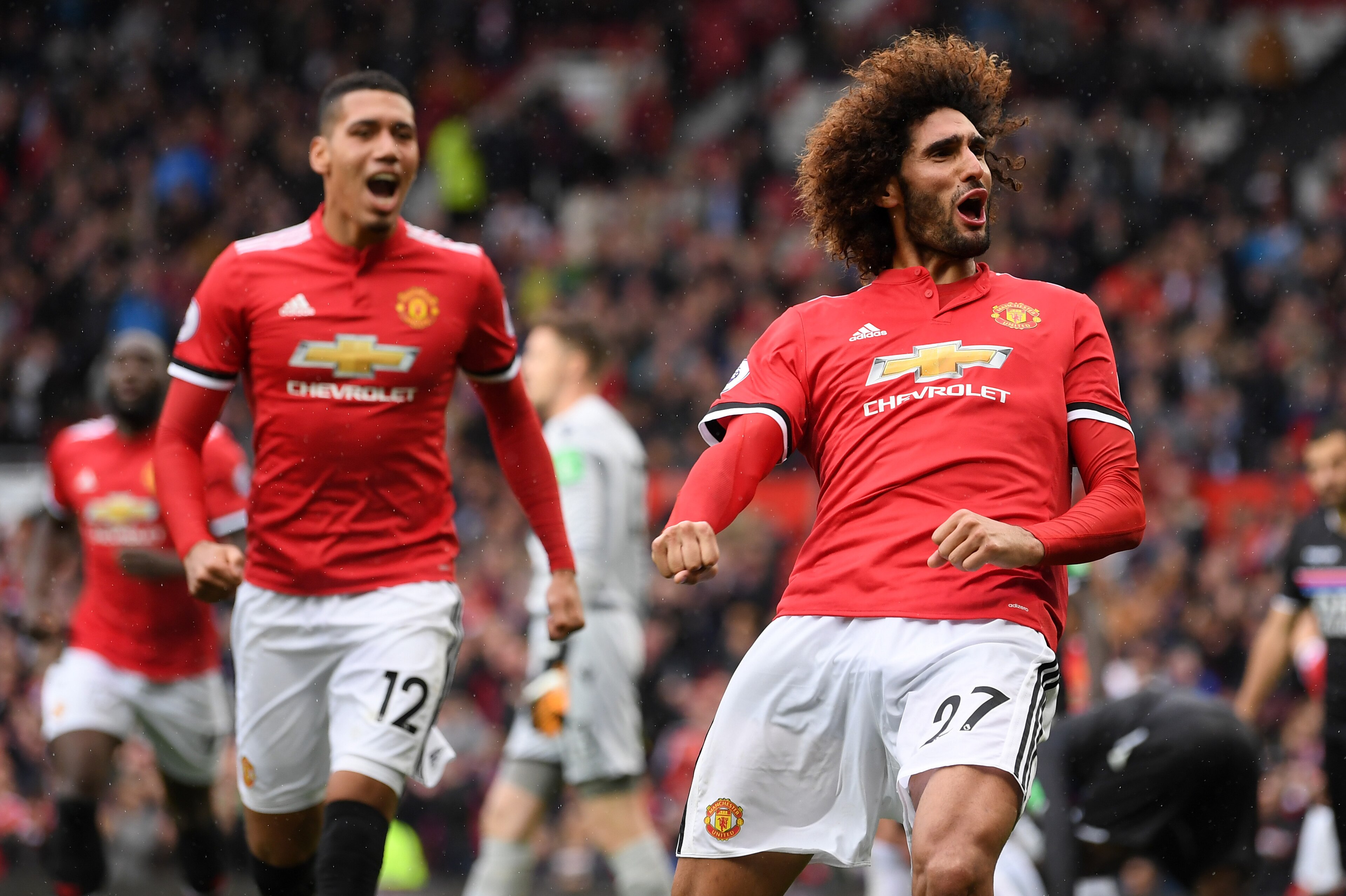 MANCHESTER, ENGLAND - SEPTEMBER 30: Marouane Fellaini of Manchester United celebrates scoring the third goal during the Premier League match between Manchester United and Crystal Palace at Old Trafford on September 30, 2017 in Manchester, England. (Photo MANCHESTER, ENGLAND - SEPTEMBER 30: Marouane Fellaini of Manchester United celebrates scoring the third goal during the Premier League match between Manchester United and Crystal Palace at Old Trafford on September 30, 2017 in Manchester, England. (Photo