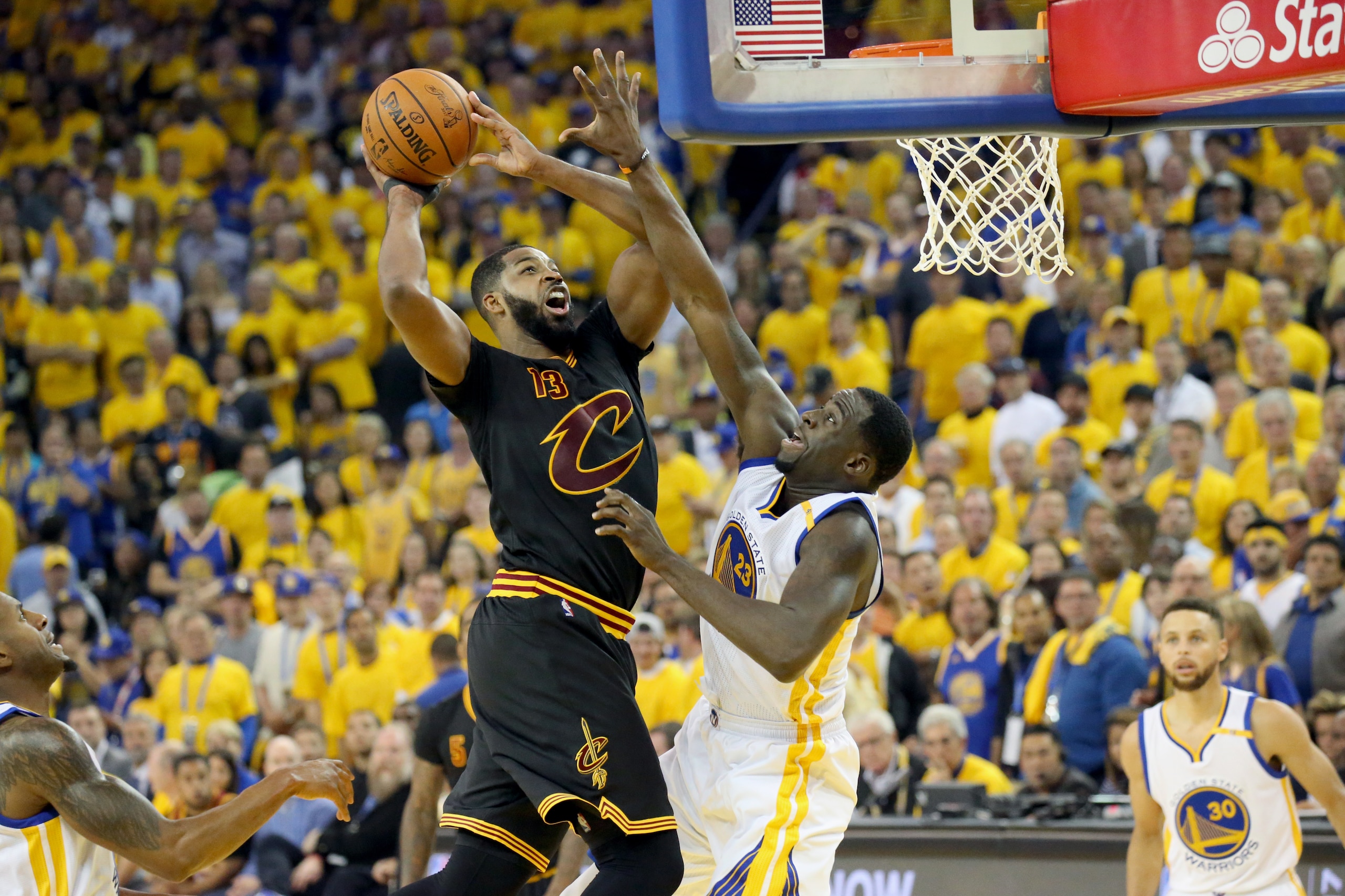 OAKLAND, CA - JUNE 12: Tristan Thompson #13 of the Cleveland Cavaliers goes to the basket against the Golden State Warriors in Game Five of the 2017 NBA Finals on June 12, 2017 at ORACLE Arena in Oakland, California. NOTE TO USER: User expressly acknowle OAKLAND, CA - JUNE 12: Tristan Thompson #13 of the Cleveland Cavaliers goes to the basket against the Golden State Warriors in Game Five of the 2017 NBA Finals on June 12, 2017 at ORACLE Arena in Oakland, California. NOTE TO USER: User expressly acknowle