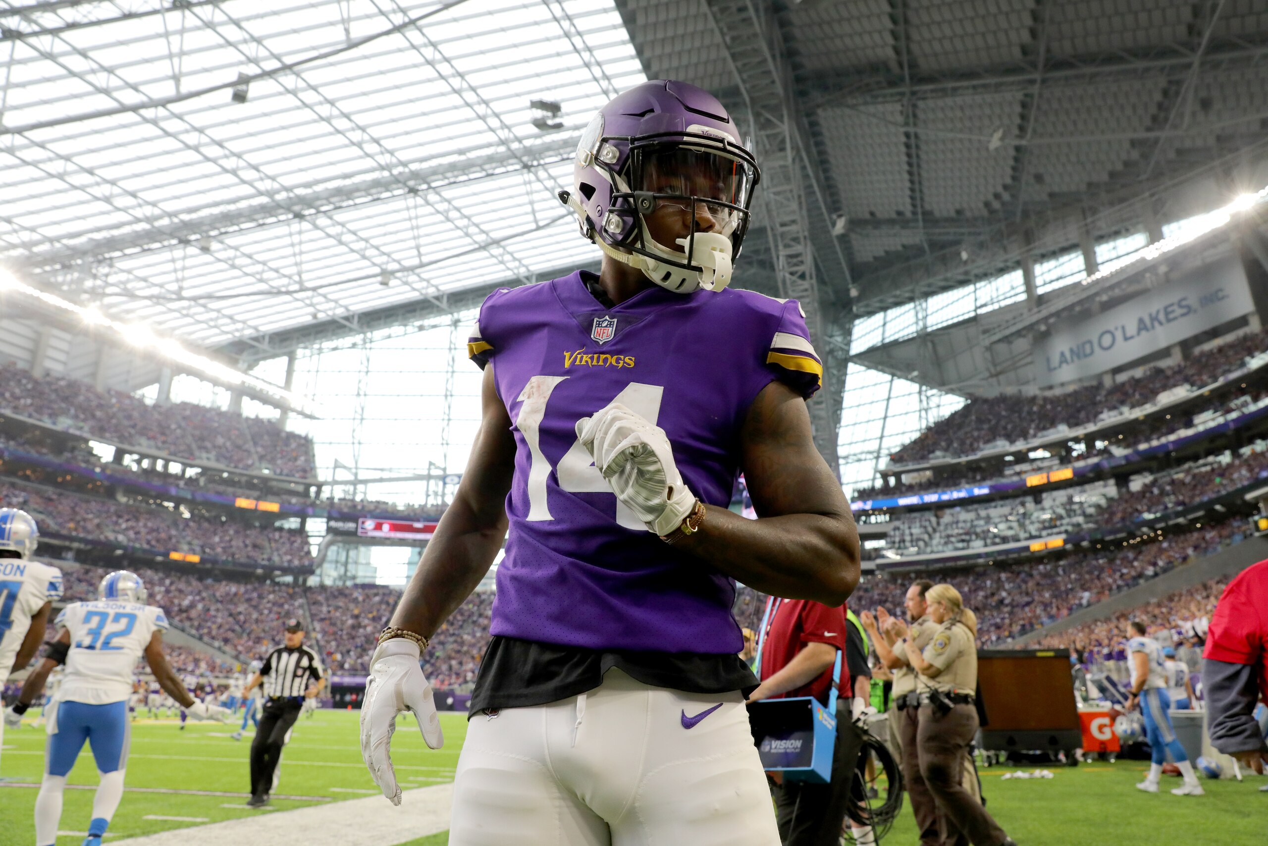MINNEAPOLIS, MN - OCTOBER 1: Stefon Diggs #14 of the Minnesota Vikings on the sideline after a first down catch in the second half of the game against the Detroit Lions on October 1, 2017 at U.S. Bank Stadium in Minneapolis, Minnesota. (Photo by Adam Bett MINNEAPOLIS, MN - OCTOBER 1: Stefon Diggs #14 of the Minnesota Vikings on the sideline after a first down catch in the second half of the game against the Detroit Lions on October 1, 2017 at U.S. Bank Stadium in Minneapolis, Minnesota. (Photo by Adam Bett