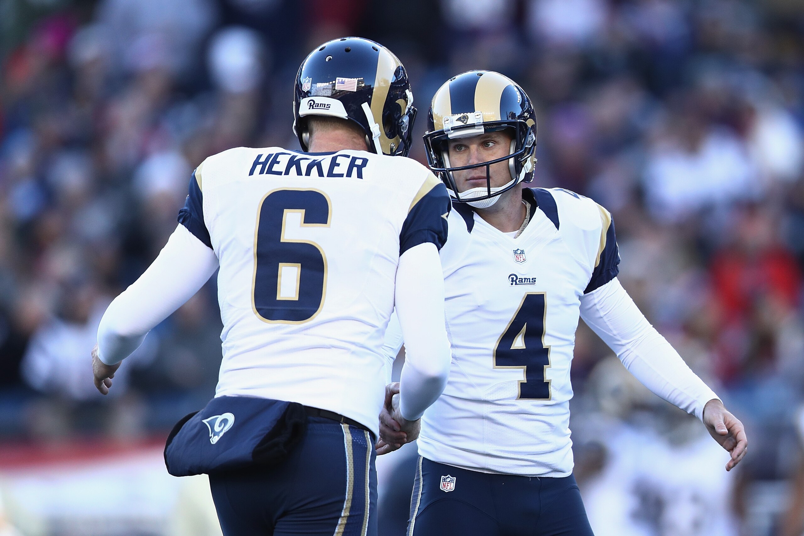 FOXBORO, MA - DECEMBER 04:  Greg Zuerlein #4 of the Los Angeles Rams reacts with Johnny Hekker #6 during the game against the New England Patriots at Gillette Stadium on December 4, 2016 in Foxboro, Massachusetts.  (Photo by Maddie Meyer/Getty Images)