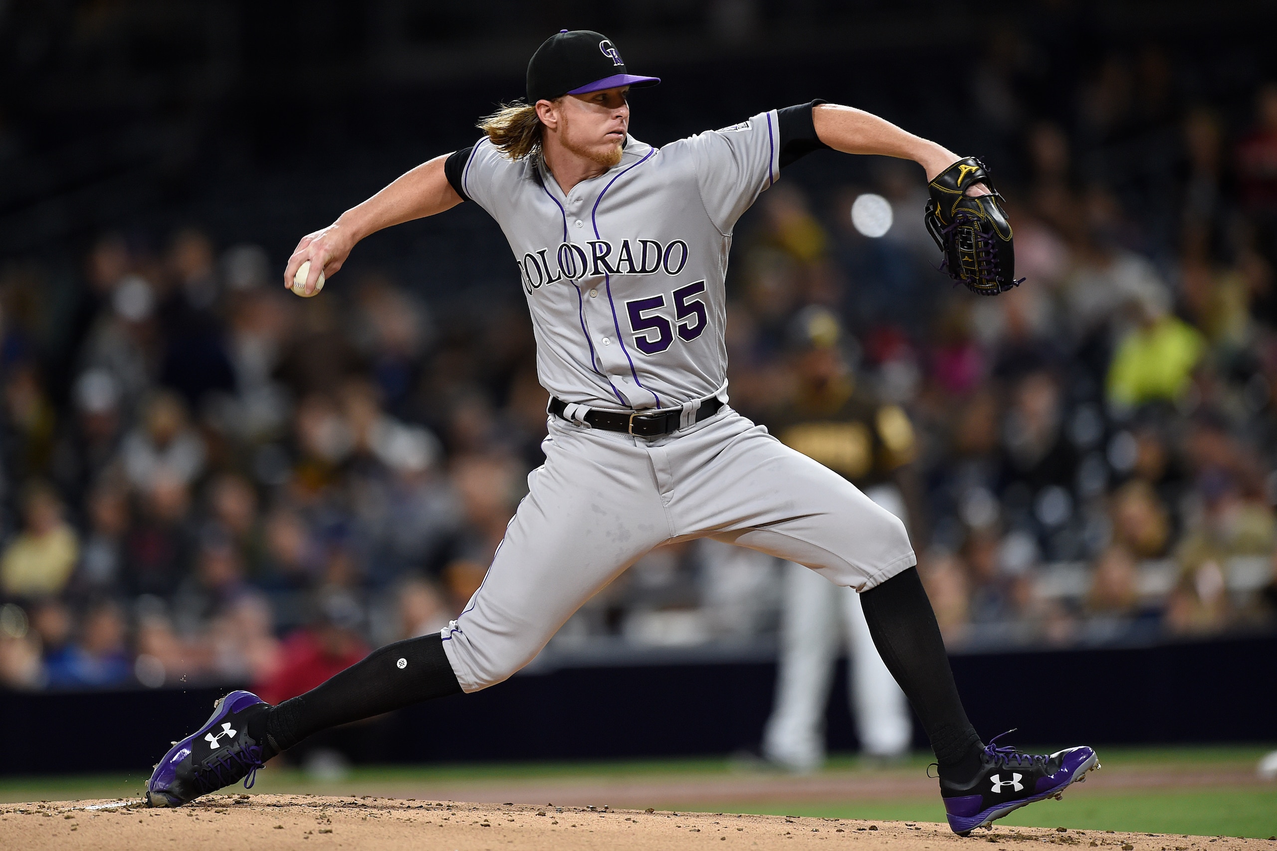 SAN DIEGO, CA - SEPTEMBER 22: Jon Gray #55 of the Colorado Rockies pitches during the first inning of a baseball game against the San Diego Padres at PETCO Park on September 22, 2017 in San Diego, California. (Photo by Andy Hayt/San Diego Padres/Getty Ima