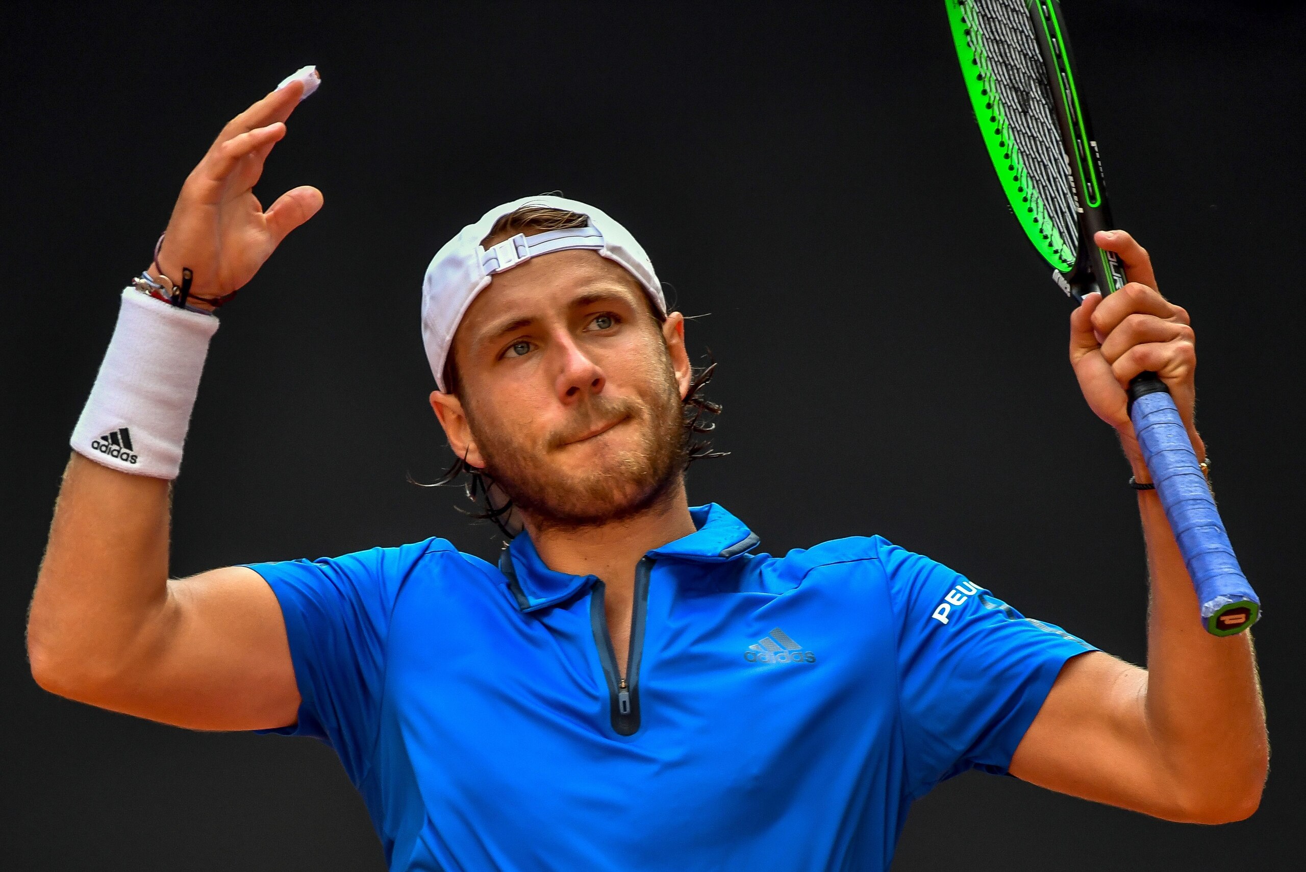 French Lucas Pouille reacts after losing a point against French Lucas Pouille during their singles rubber for the Davis Cup World Group semi-final tennis match between France and Serbia at the Pierre Mauroy Stadium in Lille on September 15, 2017.  / AFP P