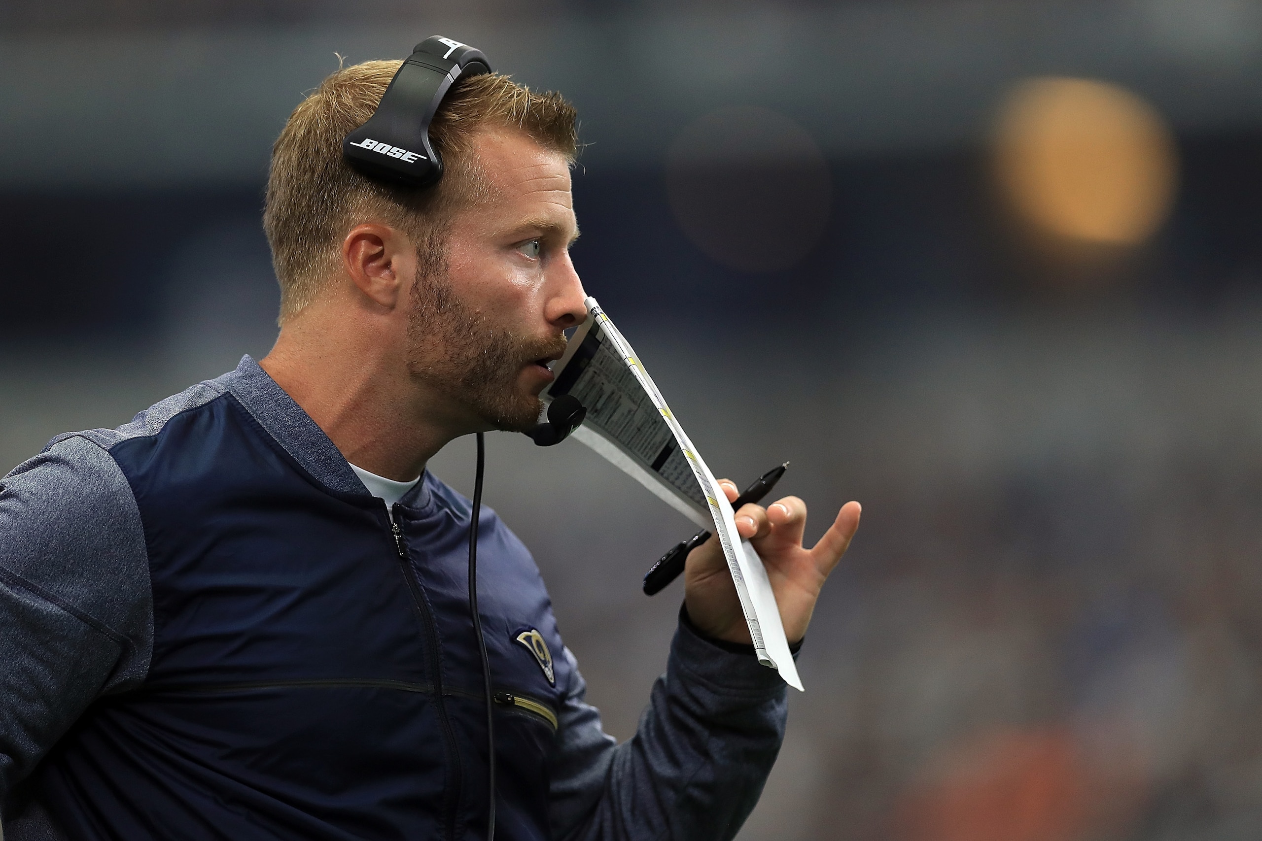 ARLINGTON, TX - OCTOBER 01:  Head coach Sean McVay of the Los Angeles Rams stands on the sidelines during the game against the Dallas Cowboys at AT&T Stadium on October 1, 2017 in Arlington, Texas.  (Photo by Ronald Martinez/Getty Images)